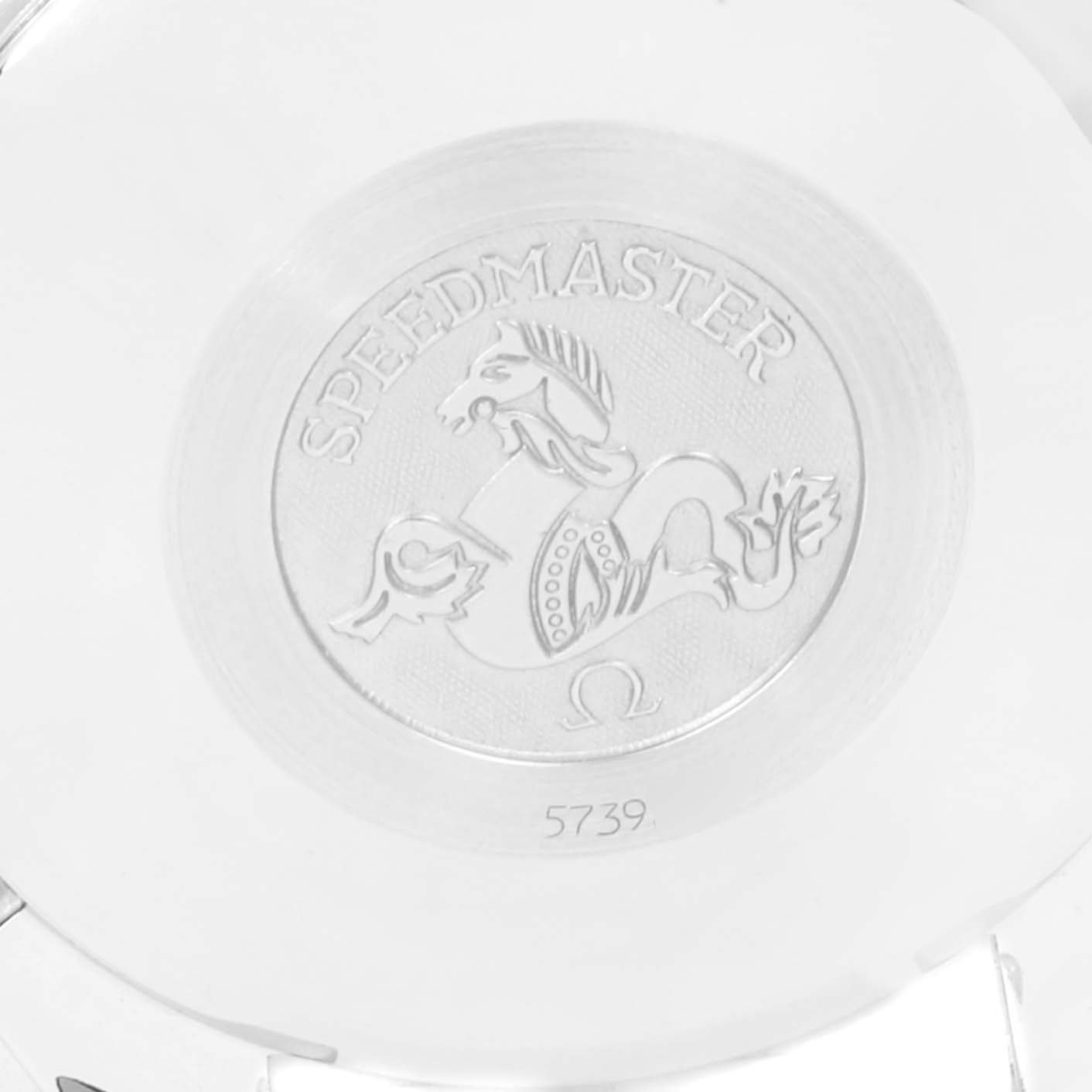 The image shows the engraved case back of an Omega Speedmaster 3513.50.00 Men
s Stainless Steel Black Dial 3513.50.00 Men
s Stainless Steel Black Dial watch.