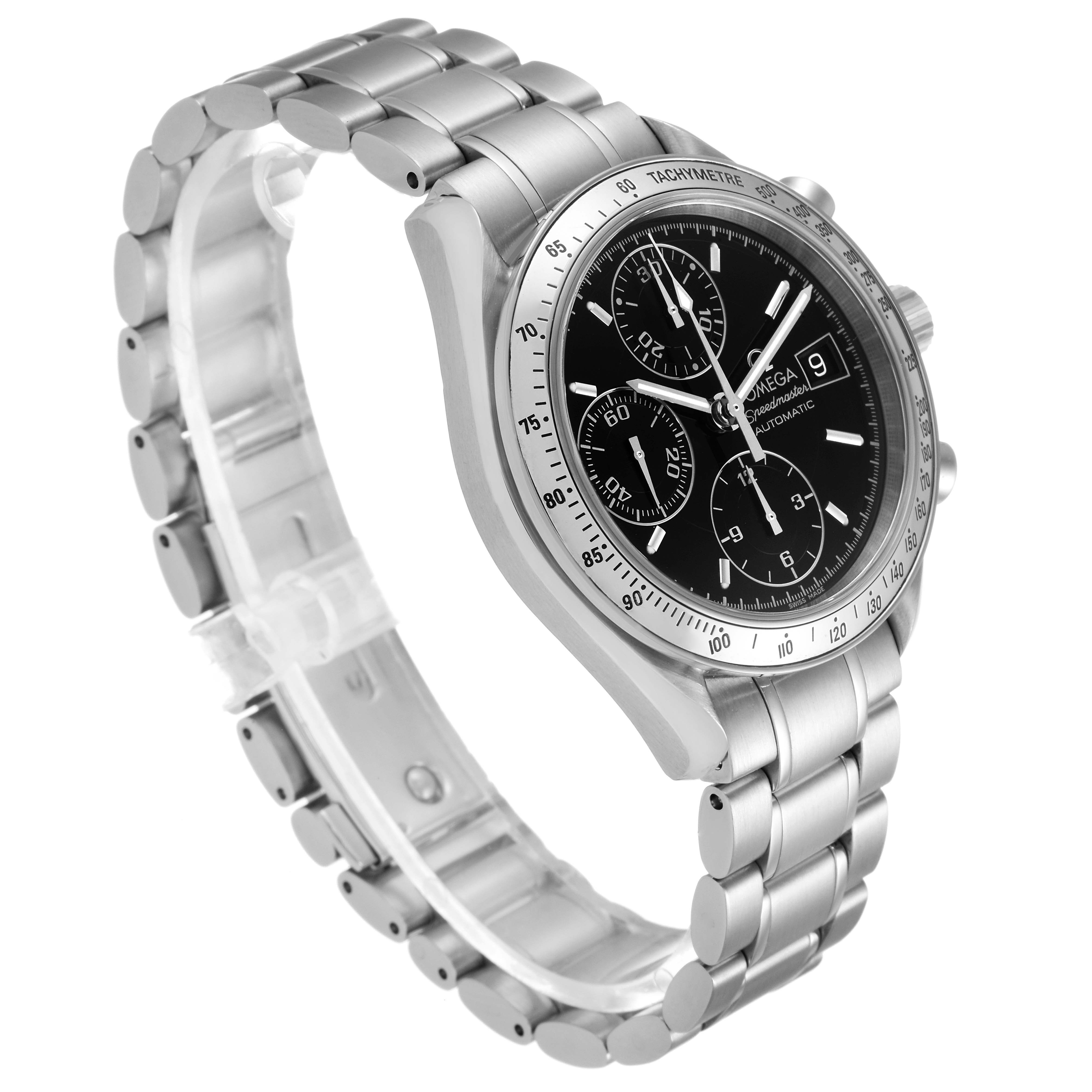 The image shows an angled view of an Omega Speedmaster 3513.50.00 Men
s Stainless Steel Black Dial 3513.50.00 Men
s Stainless Steel Black Dial watch, highlighting the face, bezel, and metal bracelet.