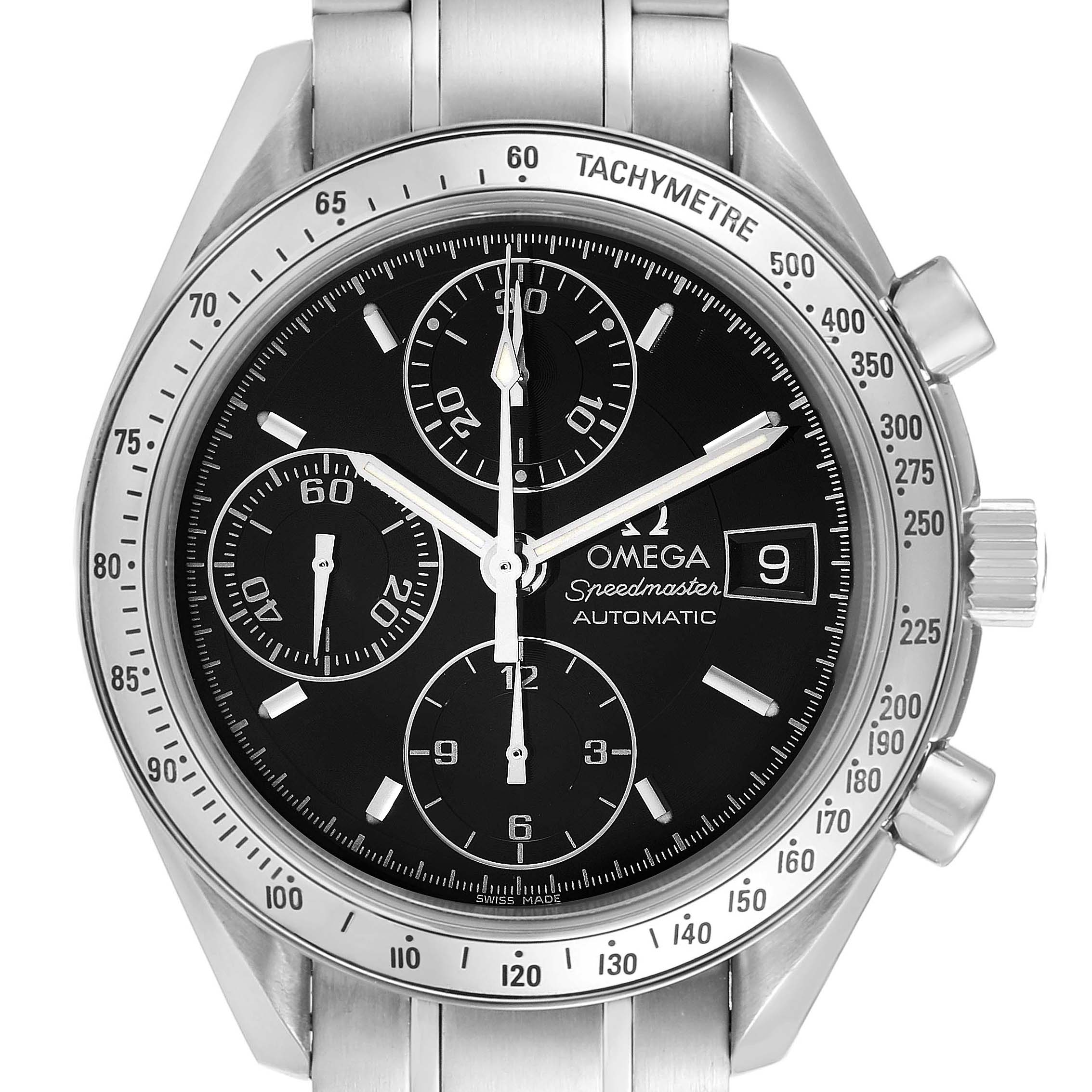 The image shows a front view of an Omega Speedmaster 3513.50.00 Men
s Stainless Steel Black Dial 3513.50.00 Men
s Stainless Steel Black Dial watch, highlighting its face, dials, and stainless steel case and bracelet.