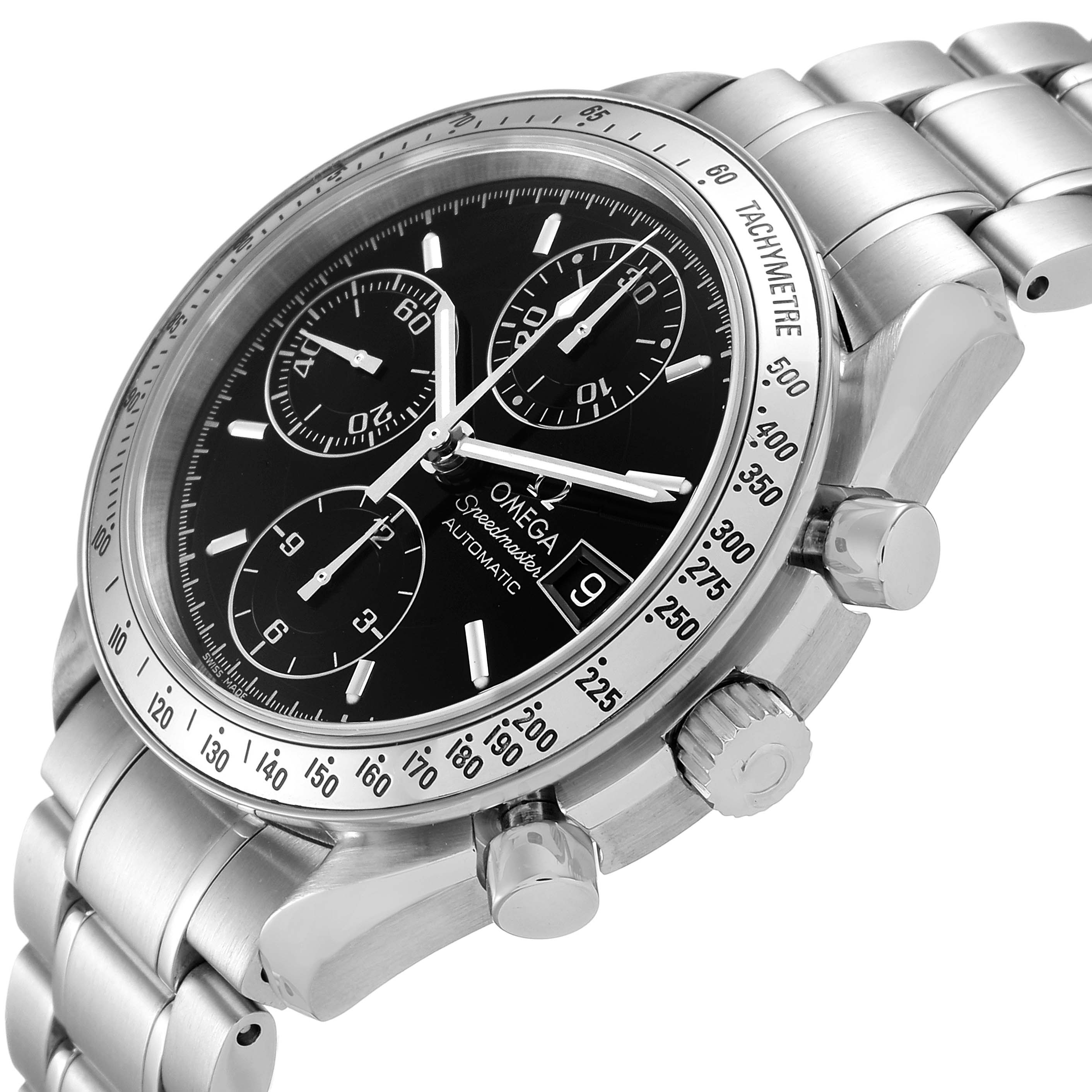 The image shows a close-up, angled view of the Omega Speedmaster 3513.50.00 Men
s Stainless Steel Black Dial 3513.50.00 Men
s Stainless Steel Black Dial watch, displaying the dial, tachymeter bezel, and buttons.