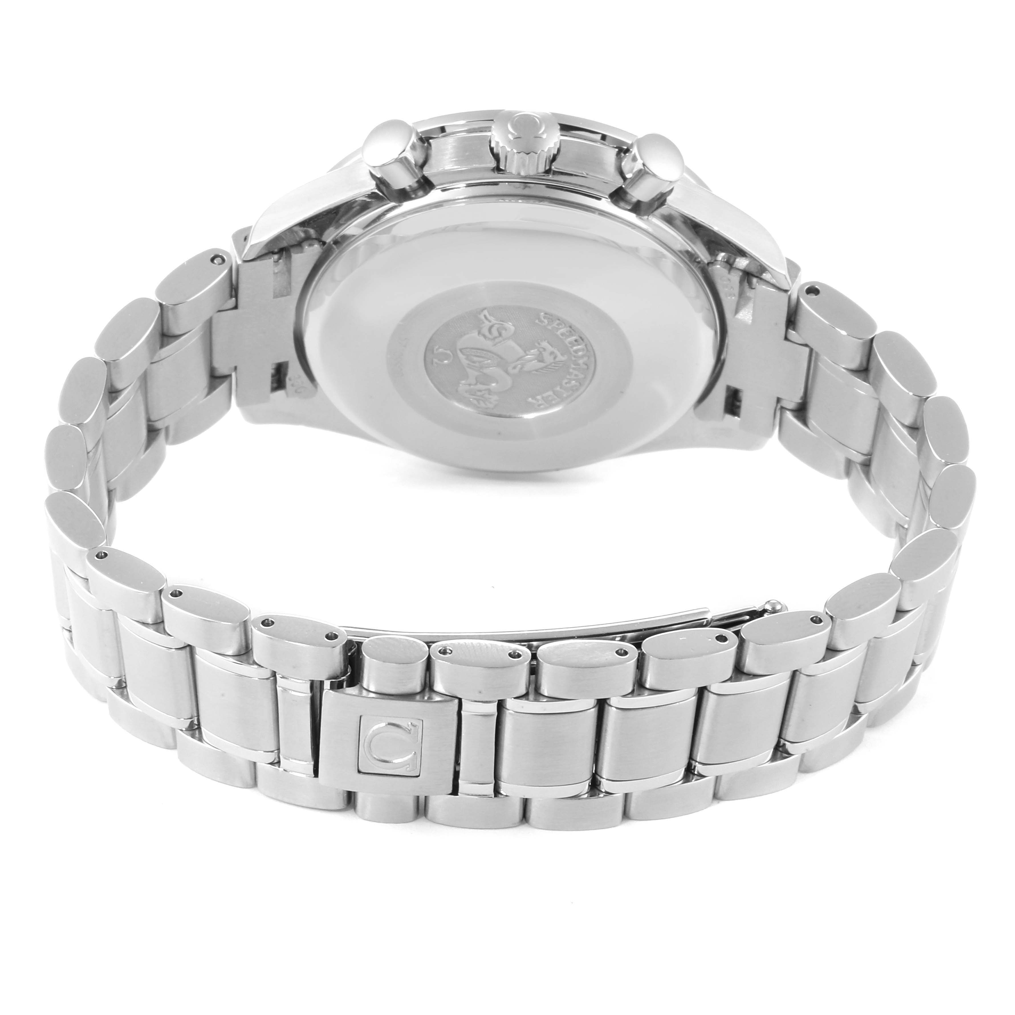 The image shows the back view of an Omega Speedmaster 3523.30.00 Men
s Stainless Steel Silver Dial 3523.30.00 Men
s Stainless Steel Silver Dial watch, highlighting the stainless steel case back and bracelet.