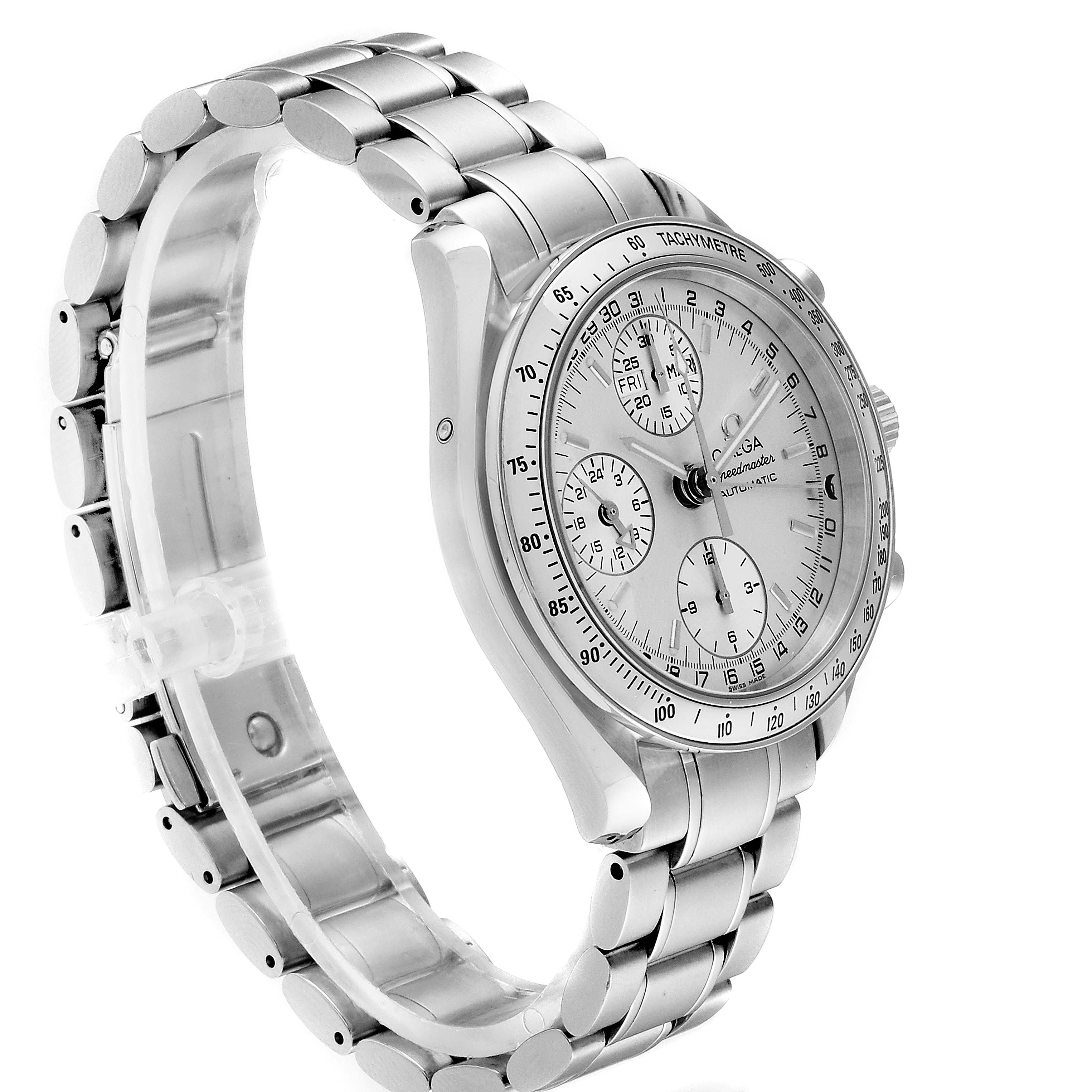 The Omega Speedmaster 3523.30.00 Men
s Stainless Steel Silver Dial 3523.30.00 Men
s Stainless Steel Silver Dial watch is shown at a three-quarter angle, highlighting its bracelet, dial, and side case.