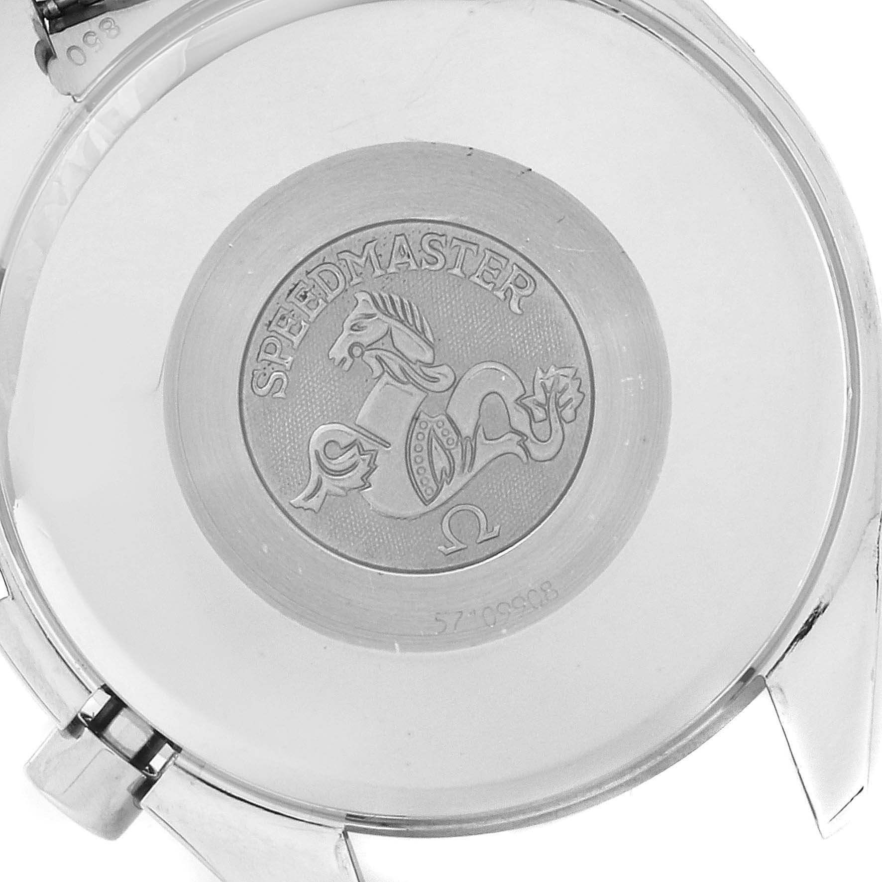 This is the back case of an Omega Speedmaster 3523.30.00 Men
s Stainless Steel Silver Dial 3523.30.00 Men
s Stainless Steel Silver Dial watch, displaying the engraved logo and branding.