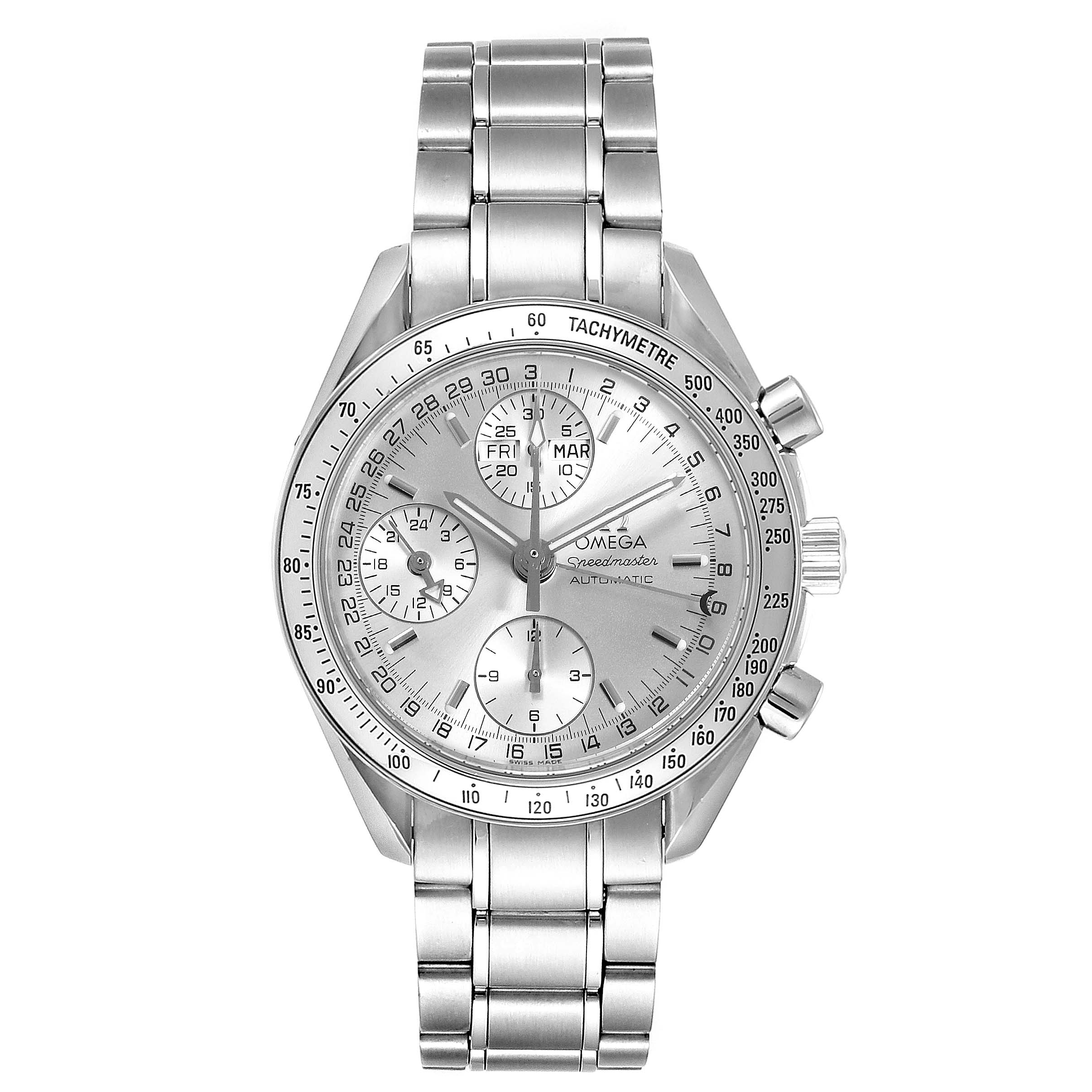 The image shows a front view of an Omega Speedmaster 3523.30.00 Men
s Stainless Steel Silver Dial 3523.30.00 Men
s Stainless Steel Silver Dial watch, highlighting the dial, sub-dials, tachymetre bezel, and metal bracelet.