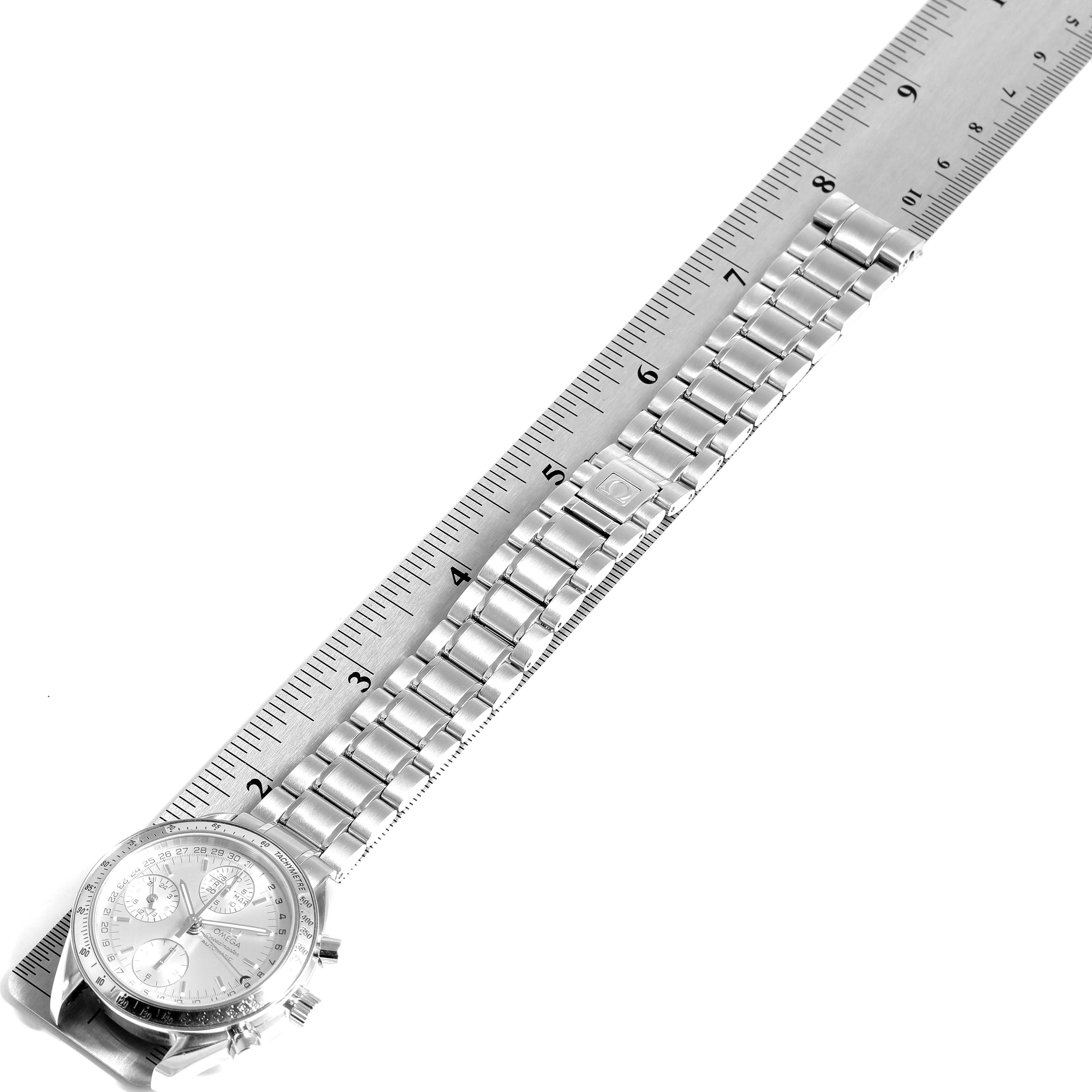 The Omega Speedmaster 3523.30.00 Men
s Stainless Steel Silver Dial 3523.30.00 Men
s Stainless Steel Silver Dial watch is shown from an angled top-down view, highlighting its face and stainless steel band.