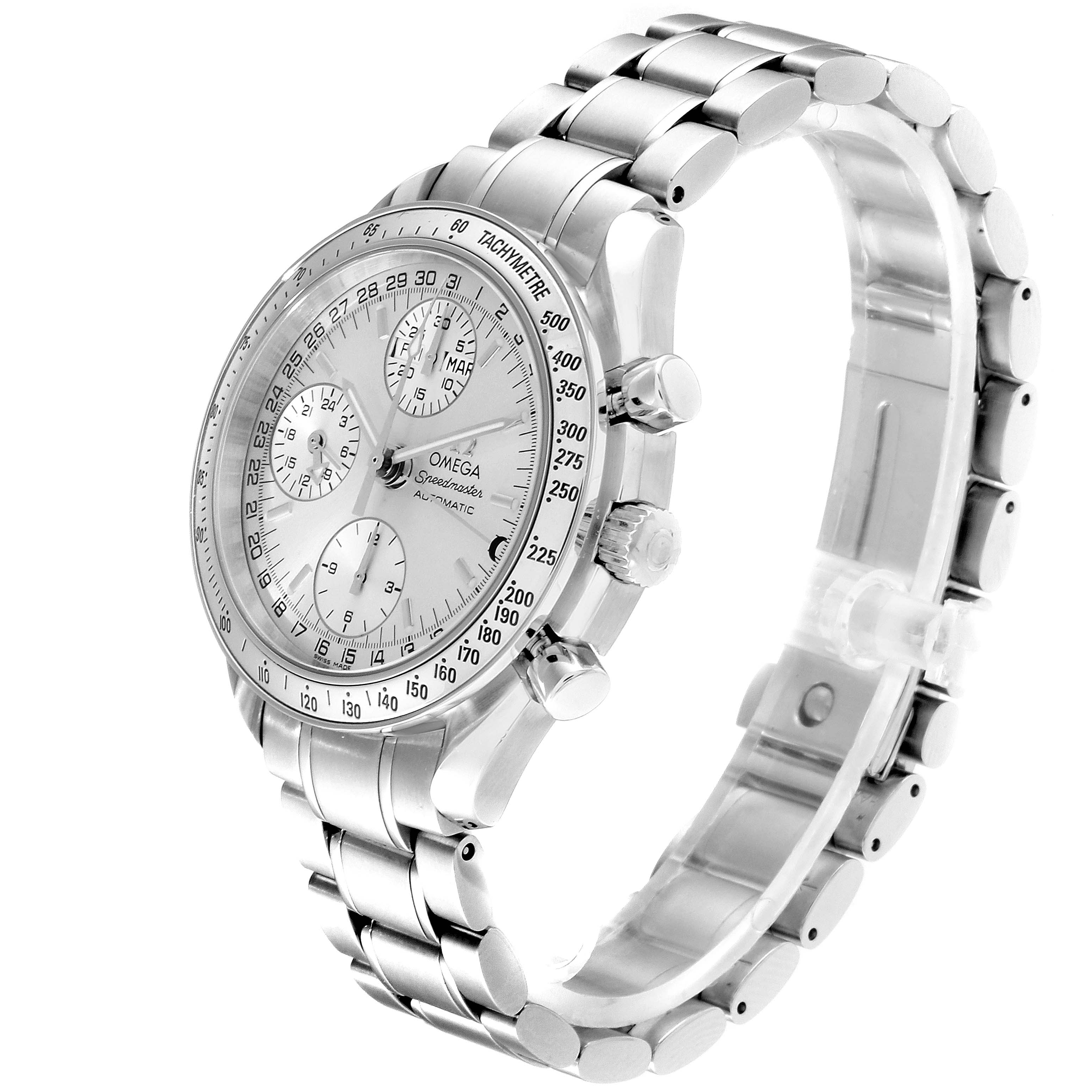 This image shows an Omega Speedmaster 3523.30.00 Men
s Stainless Steel Silver Dial 3523.30.00 Men
s Stainless Steel Silver Dial watch at a three-quarter view, highlighting the face, bezel, pushers, and bracelet.
