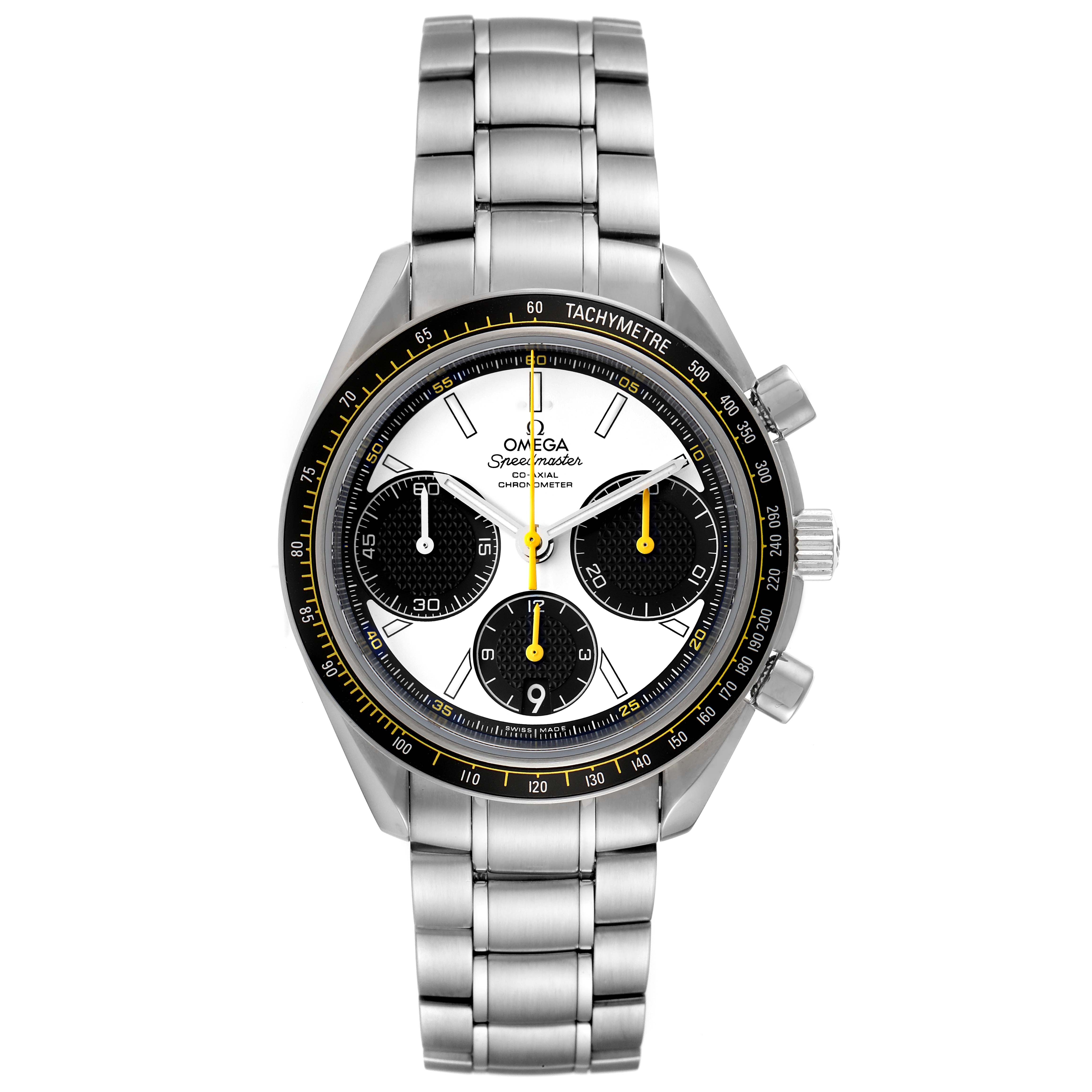 The image shows a front view of the Omega Speedmaster 326.30.40.50.04.001 Men's Stainless Steel White Dial 326.30.40.50.04.001 Men's Stainless Steel White Dial watch displaying its face, bezel, and metal bracelet.