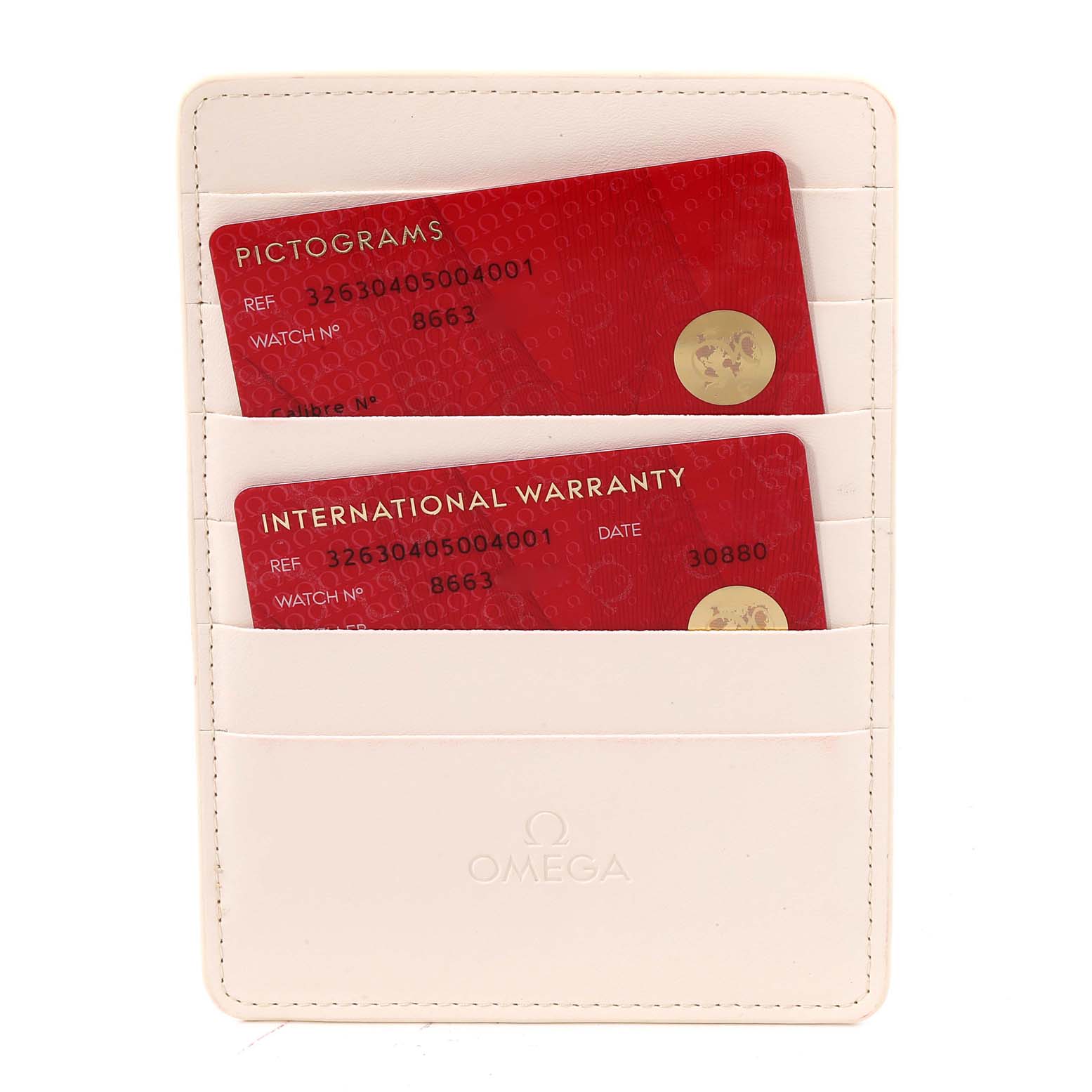 The image shows an Omega Speedmaster 326.30.40.50.04.001 Men's Stainless Steel White Dial 326.30.40.50.04.001 Men's Stainless Steel White Dial's warranty card holder with international warranty and pictogram cards.