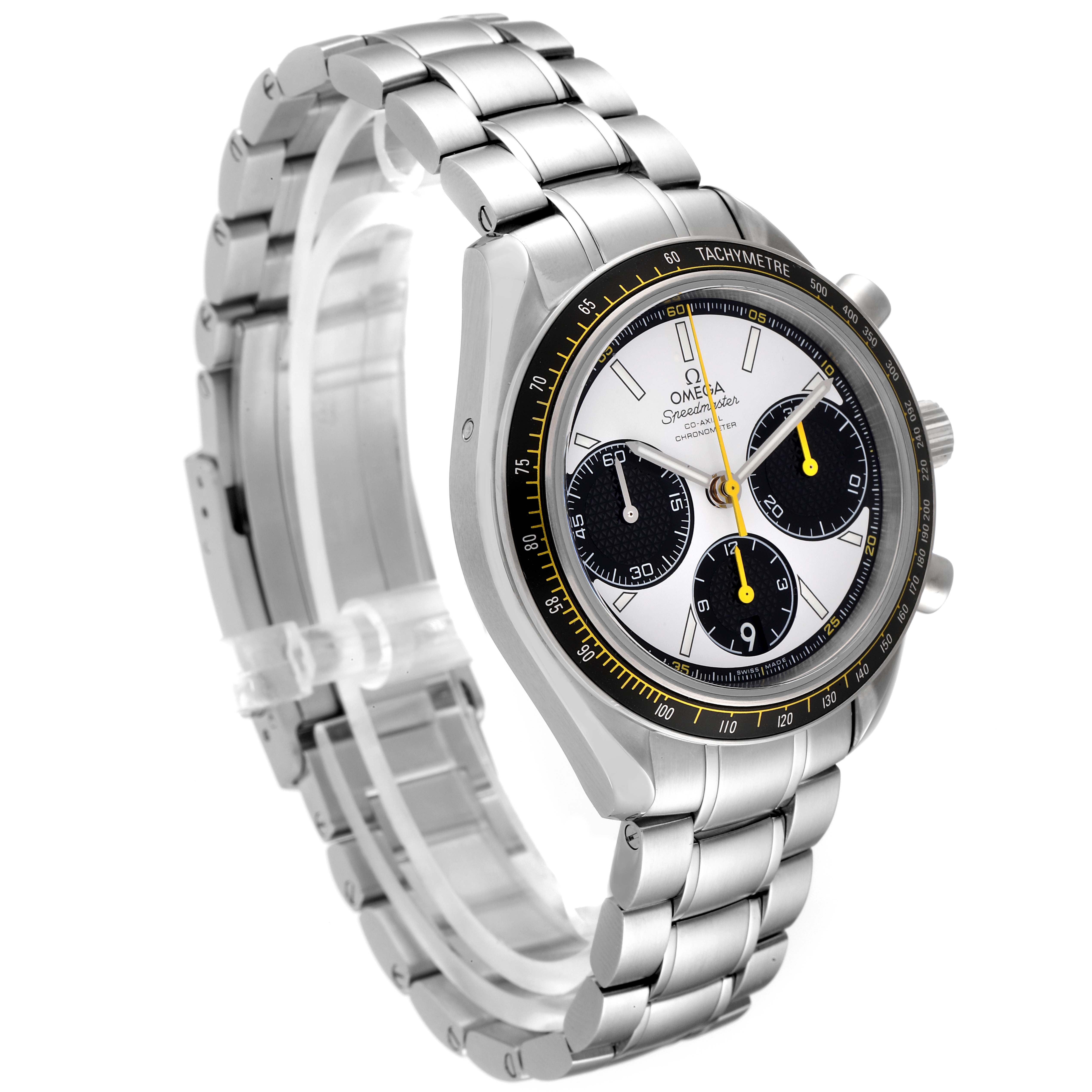 The Omega Speedmaster 326.30.40.50.04.001 Men's Stainless Steel White Dial 326.30.40.50.04.001 Men's Stainless Steel White Dial watch is shown at an angled side view, displaying its dial, tachymeter bezel, and metal bracelet.