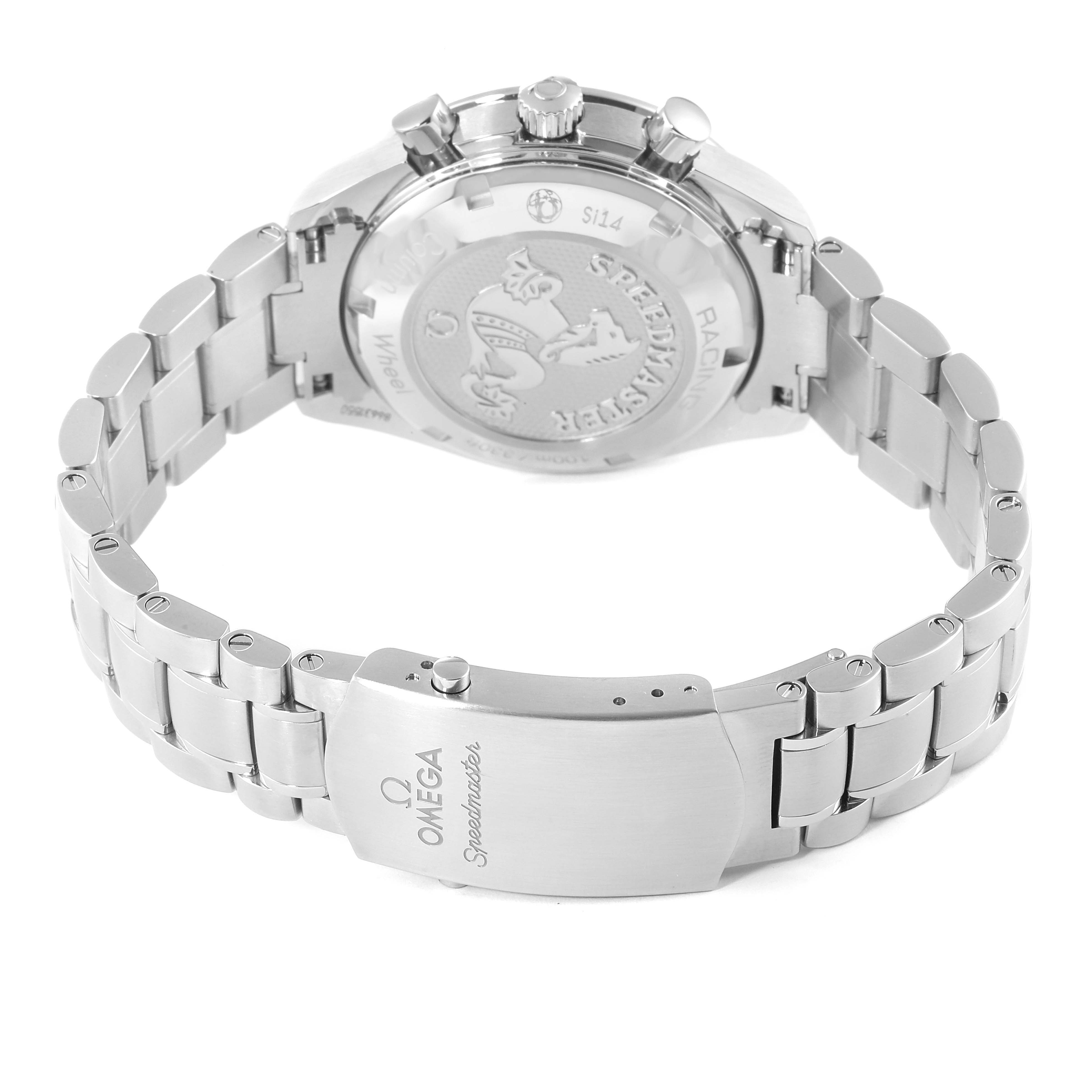 The image shows the back case and clasp of an Omega Speedmaster 326.30.40.50.04.001 Men's Stainless Steel White Dial 326.30.40.50.04.001 Men's Stainless Steel White Dial watch at an angle highlighting the engraving.