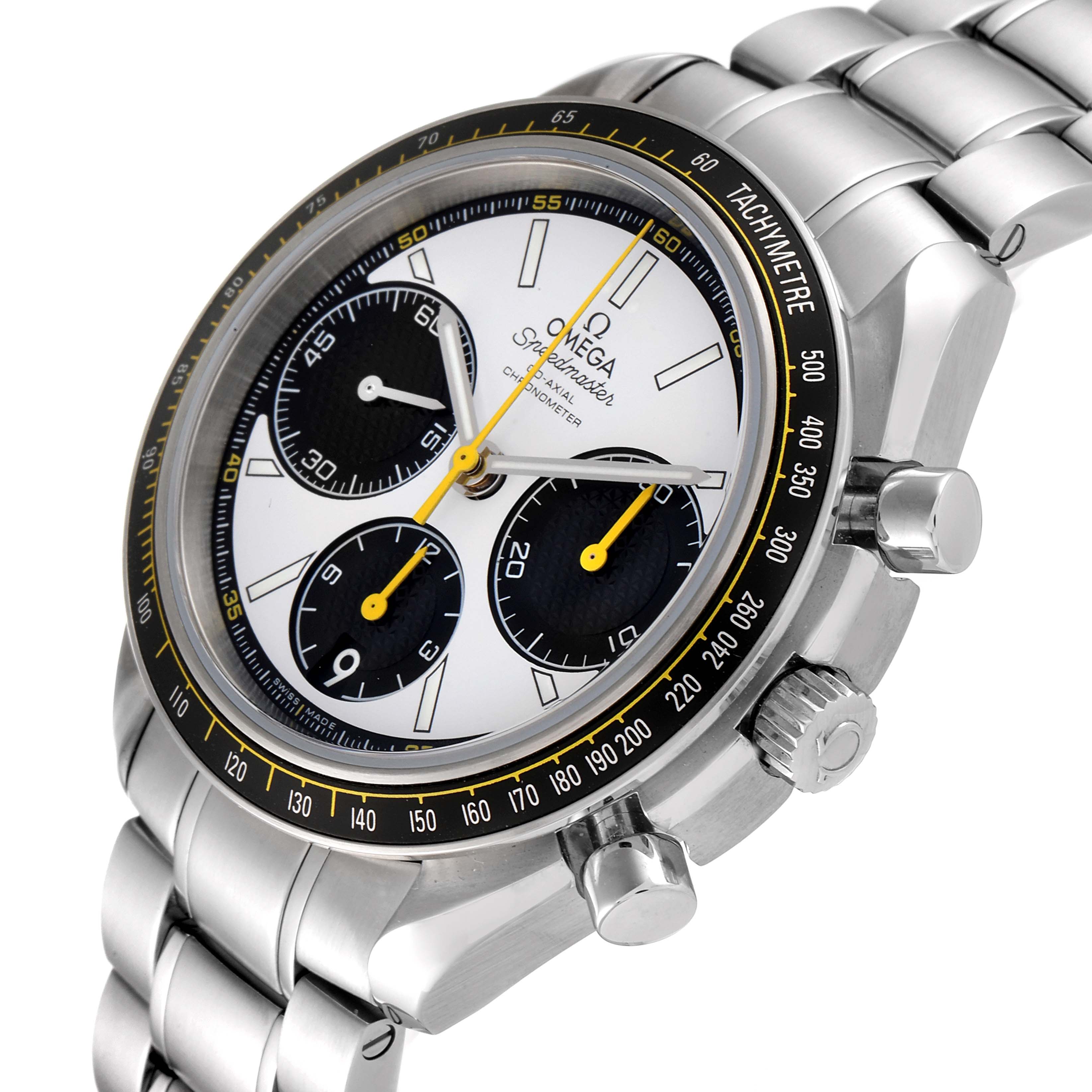 The image shows an angled view of an Omega Speedmaster 326.30.40.50.04.001 Men's Stainless Steel White Dial 326.30.40.50.04.001 Men's Stainless Steel White Dial watch highlighting its dial, chronograph sub-dials, bezel, and bracelet.