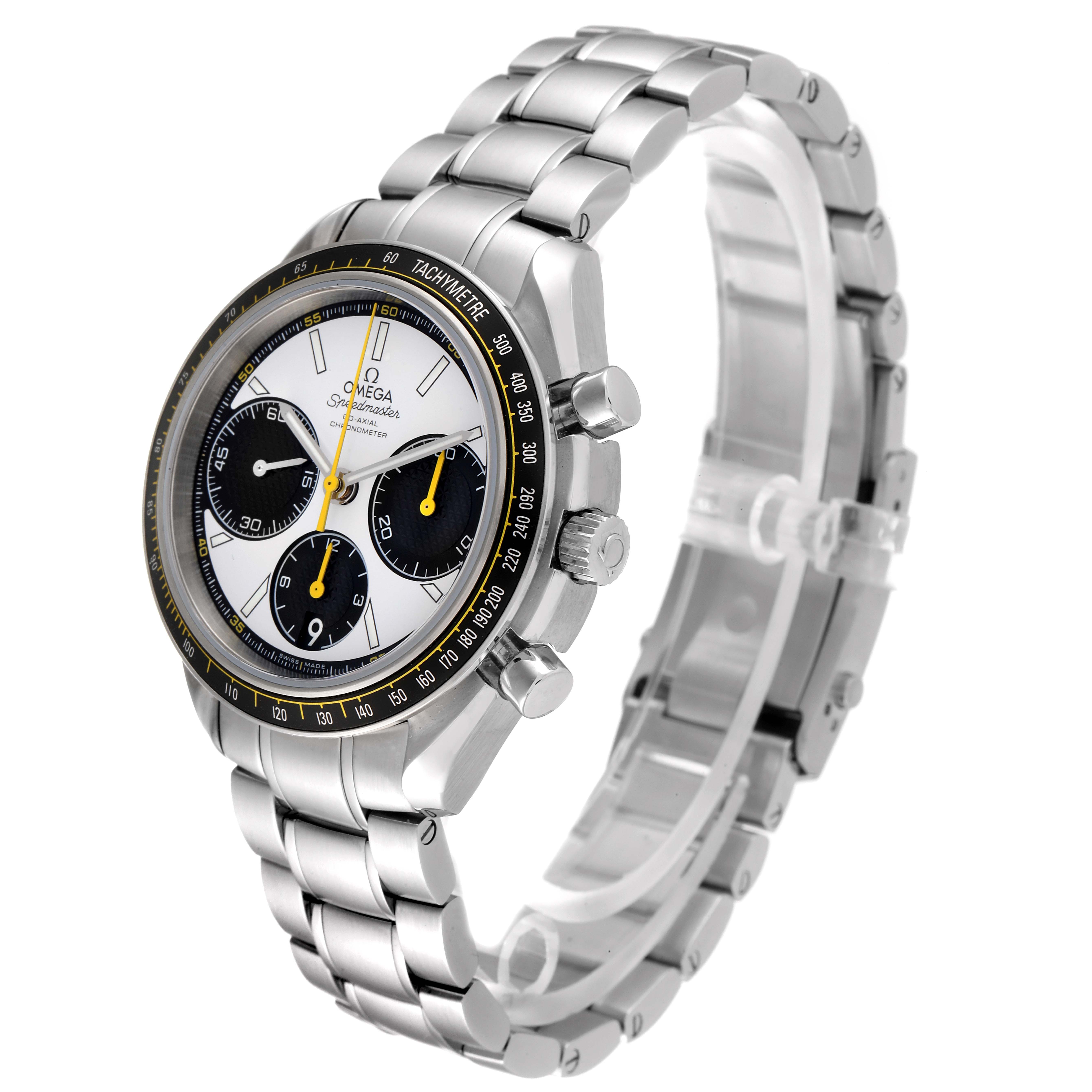 The image shows an Omega Speedmaster 326.30.40.50.04.001 Men's Stainless Steel White Dial 326.30.40.50.04.001 Men's Stainless Steel White Dial watch taken from a front angle, highlighting its case, dial, bezel, pushers, and metal bracelet.