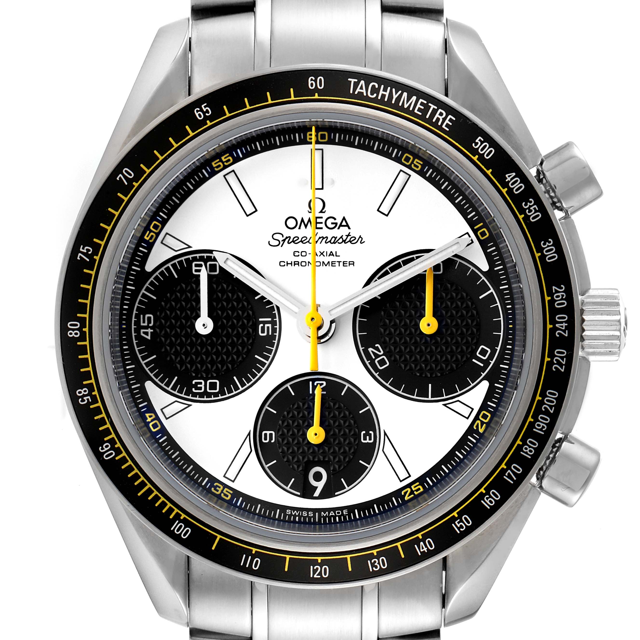 The image shows a frontal view of the Omega Speedmaster 326.30.40.50.04.001 Men's Stainless Steel White Dial 326.30.40.50.04.001 Men's Stainless Steel White Dial watch, highlighting its dial, tachymetre bezel, subdials, and crown.