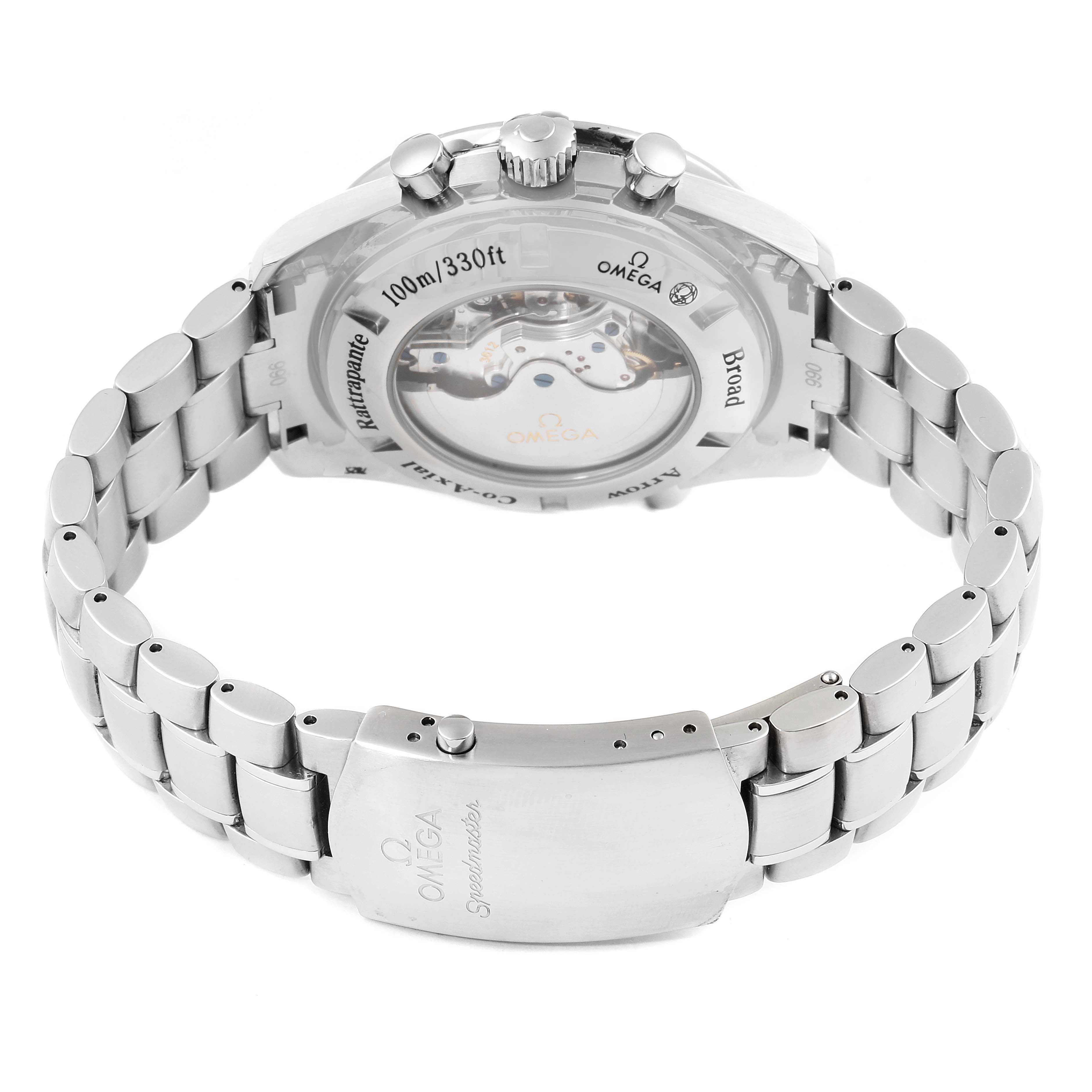 This image shows the back view of the Omega Speedmaster 3582.51.00 Men
s Stainless Steel Black Dial 3582.51.00 Men
s Stainless Steel Black Dial watch, highlighting the transparent case back and stainless steel bracelet.