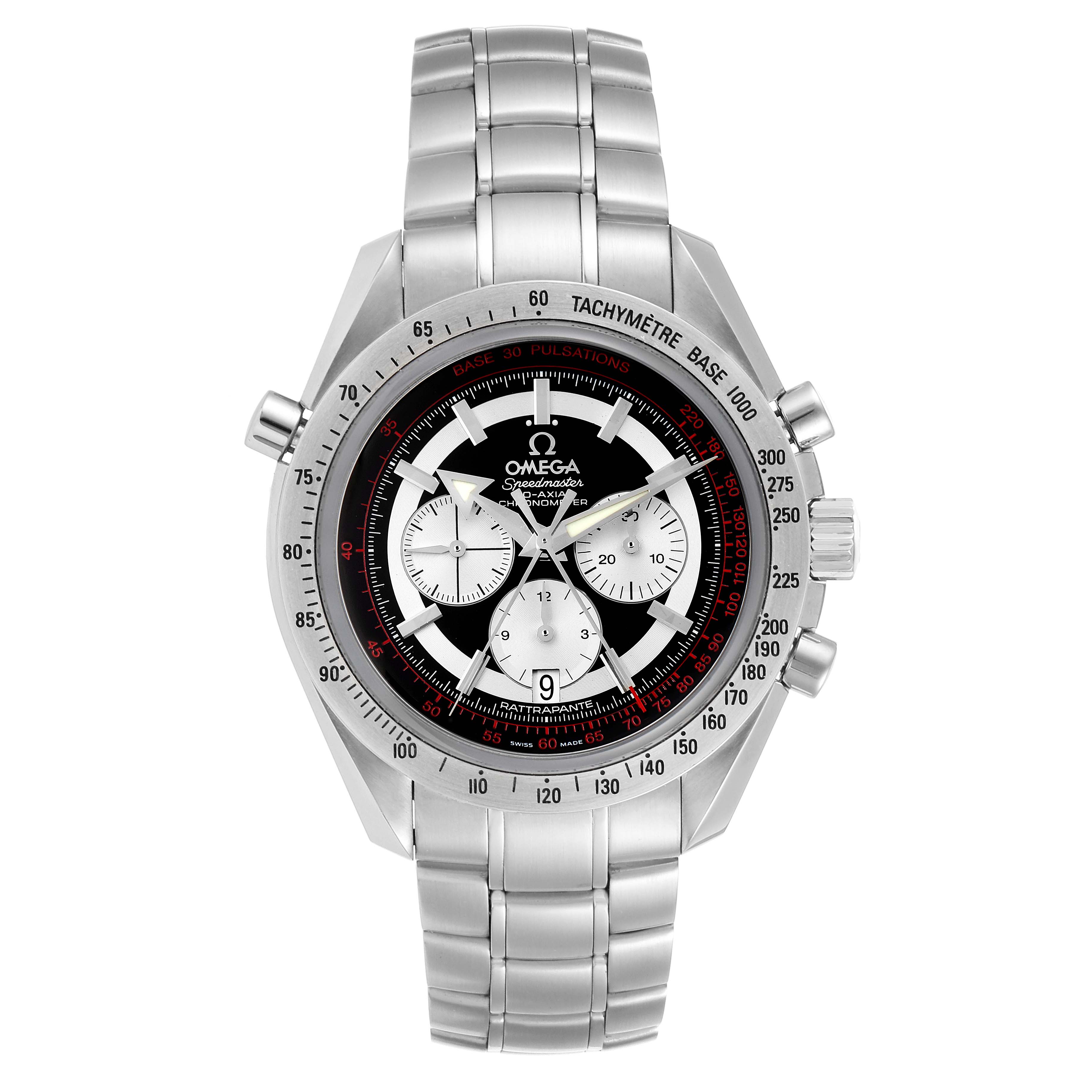 This image shows a front view of an Omega Speedmaster 3582.51.00 Men
s Stainless Steel Black Dial 3582.51.00 Men
s Stainless Steel Black Dial watch, highlighting its dial, bezel, chronograph subdials, and metal bracelet.