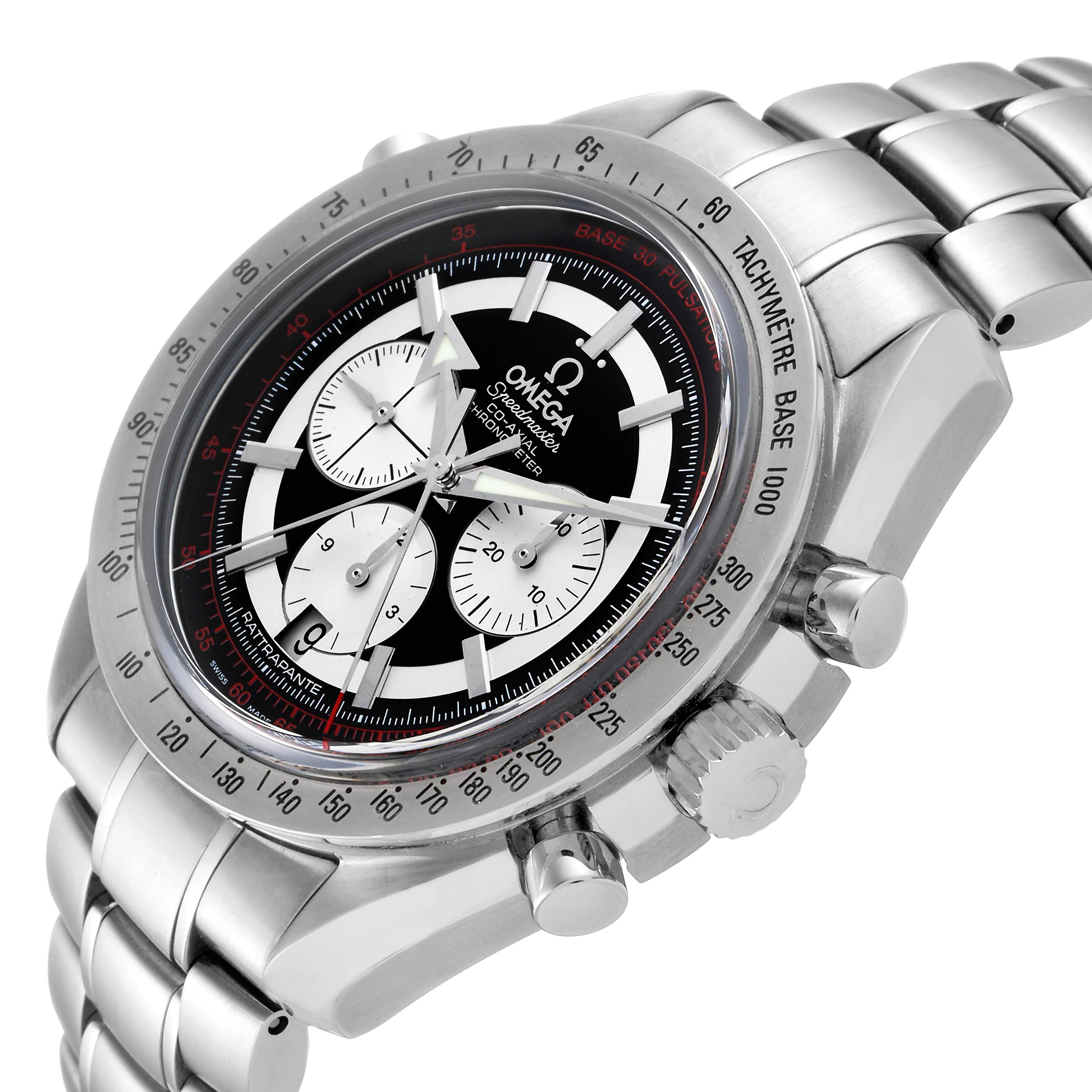 This image shows the Omega Speedmaster 3582.51.00 Men
s Stainless Steel Black Dial 3582.51.00 Men
s Stainless Steel Black Dial watch at a slight angle, highlighting its chronograph dial, tachymeter bezel, and metal bracelet.