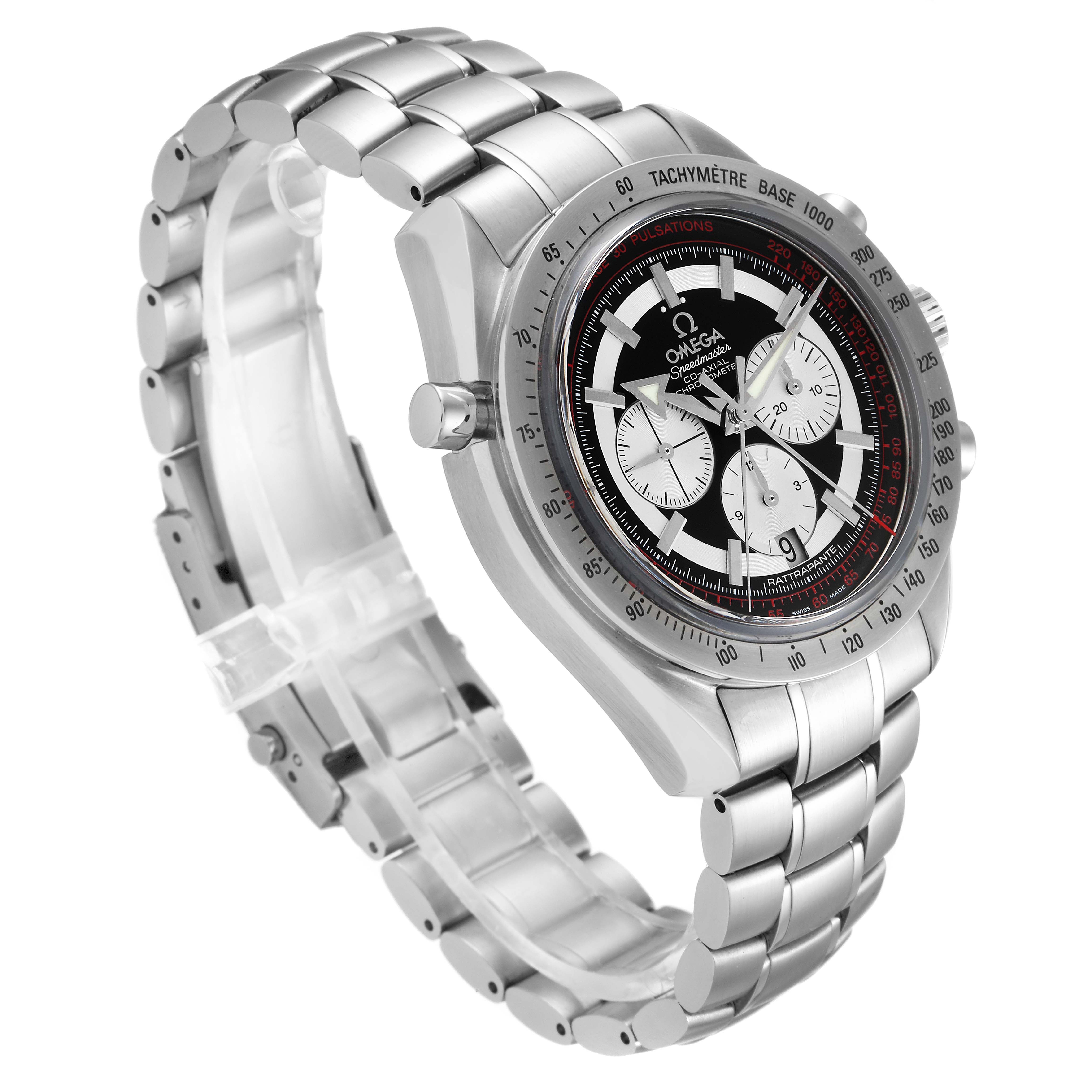 The image shows an angled side view of the Omega Speedmaster 3582.51.00 Men
s Stainless Steel Black Dial 3582.51.00 Men
s Stainless Steel Black Dial watch, highlighting its steel bracelet, bezel, and chronograph dials.