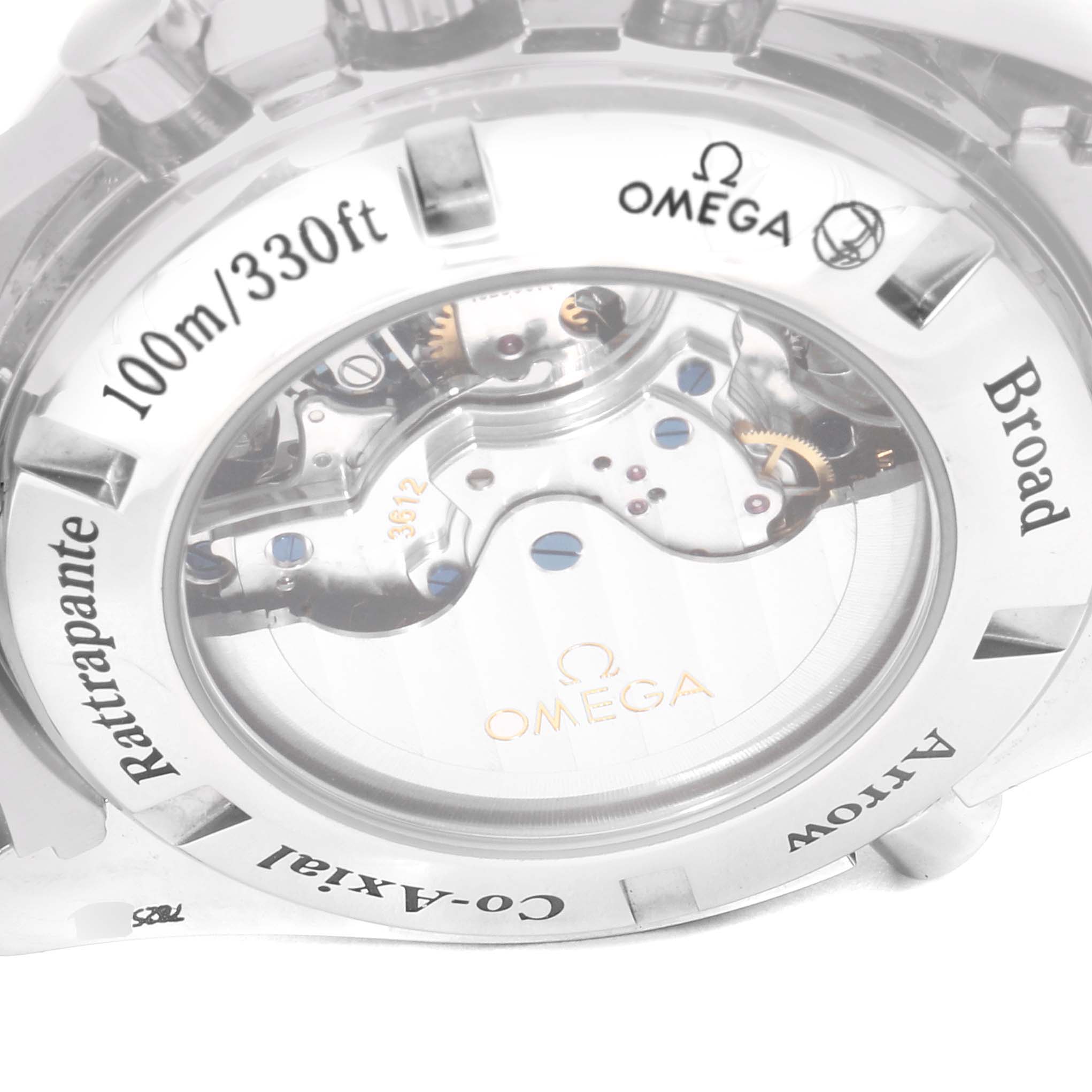 This image shows the case back view of the Omega Speedmaster 3582.51.00 Men
s Stainless Steel Black Dial 3582.51.00 Men
s Stainless Steel Black Dial, highlighting the Co-Axial movement and water resistance engraving.