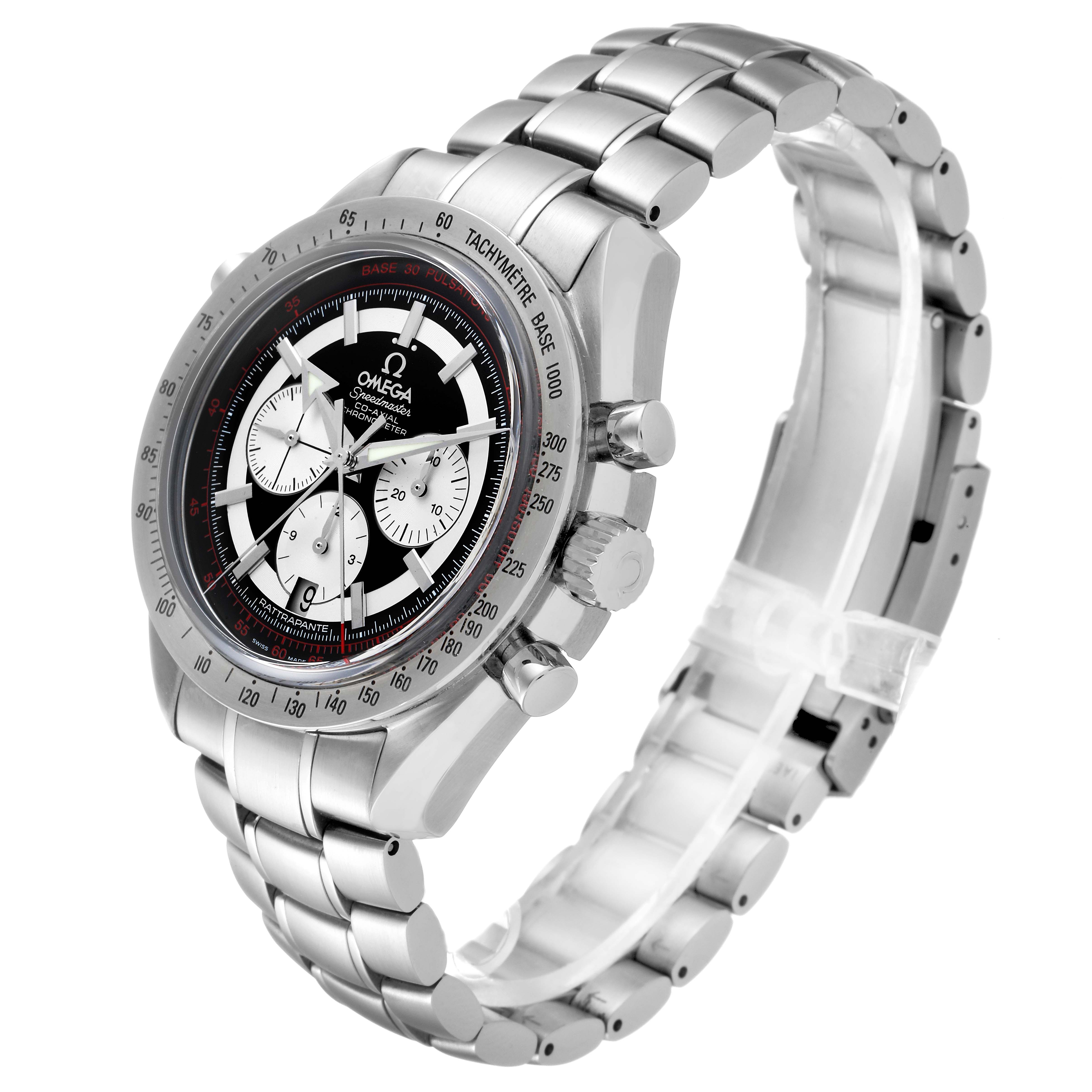 This Omega Speedmaster 3582.51.00 Men
s Stainless Steel Black Dial 3582.51.00 Men
s Stainless Steel Black Dial watch is shown at a three-quarter angle, displaying its face, three subdials, bezel, crown, pushers, and metal bracelet.