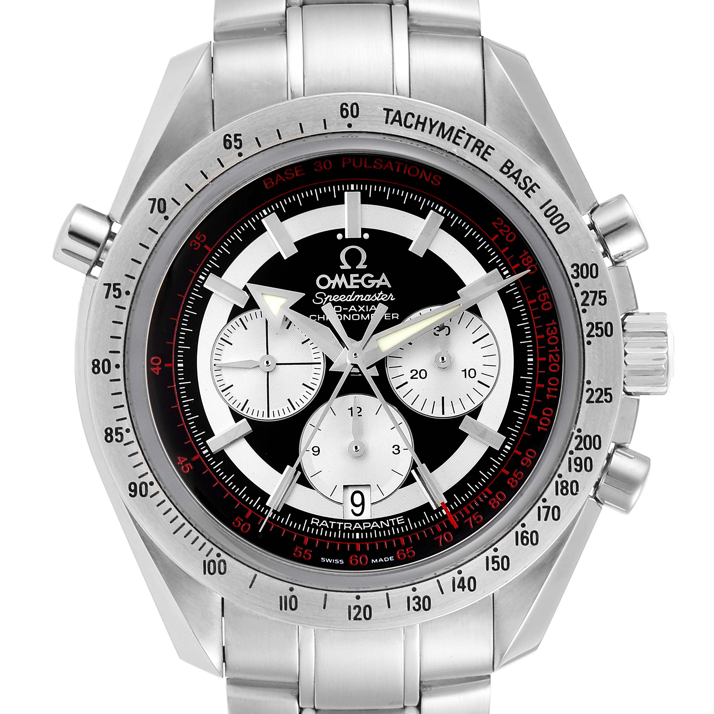 The image shows a front view of the Omega Speedmaster 3582.51.00 Men
s Stainless Steel Black Dial 3582.51.00 Men
s Stainless Steel Black Dial watch with its stainless steel case, chronograph sub-dials, and tachymeter bezel.
