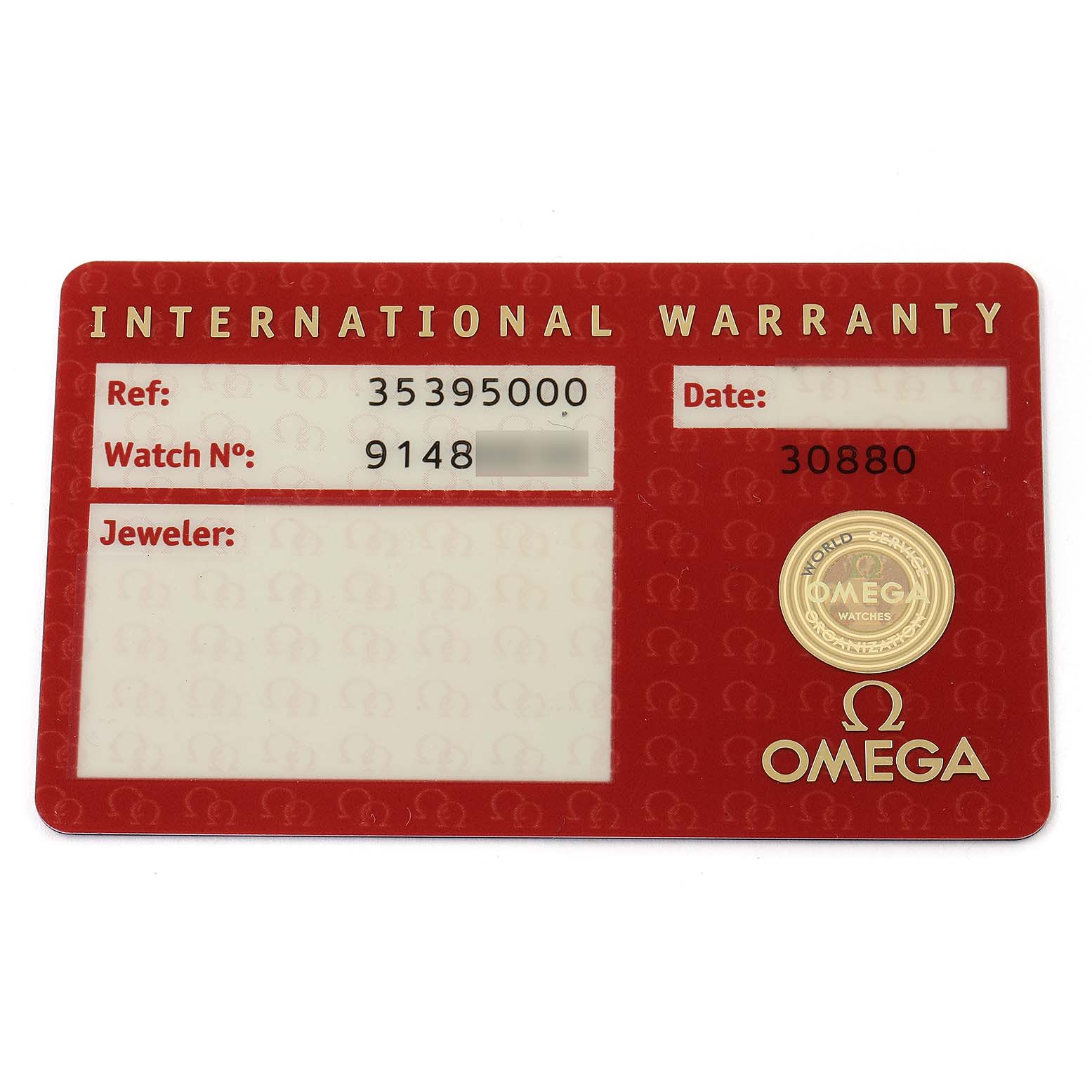 The image shows the international warranty card for the Omega Speedmaster 3539.50.00 Men
s Stainless Steel Black Dial 3539.50.00 Men
s Stainless Steel Black Dial watch model, photographed from above.