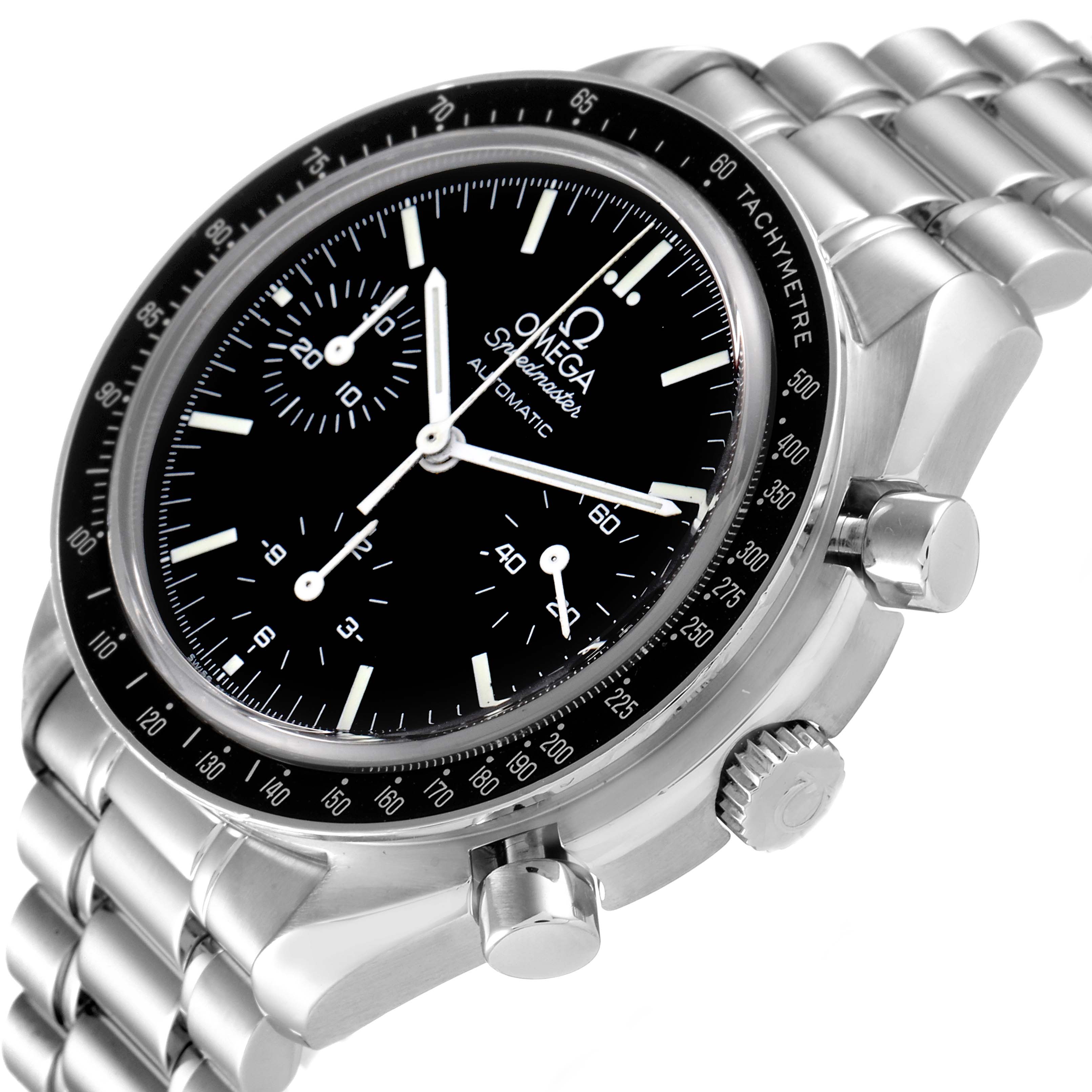 The Omega Speedmaster 3539.50.00 Men
s Stainless Steel Black Dial 3539.50.00 Men
s Stainless Steel Black Dial watch is shown at an angle displaying its face, bezel, crown, and bracelet.