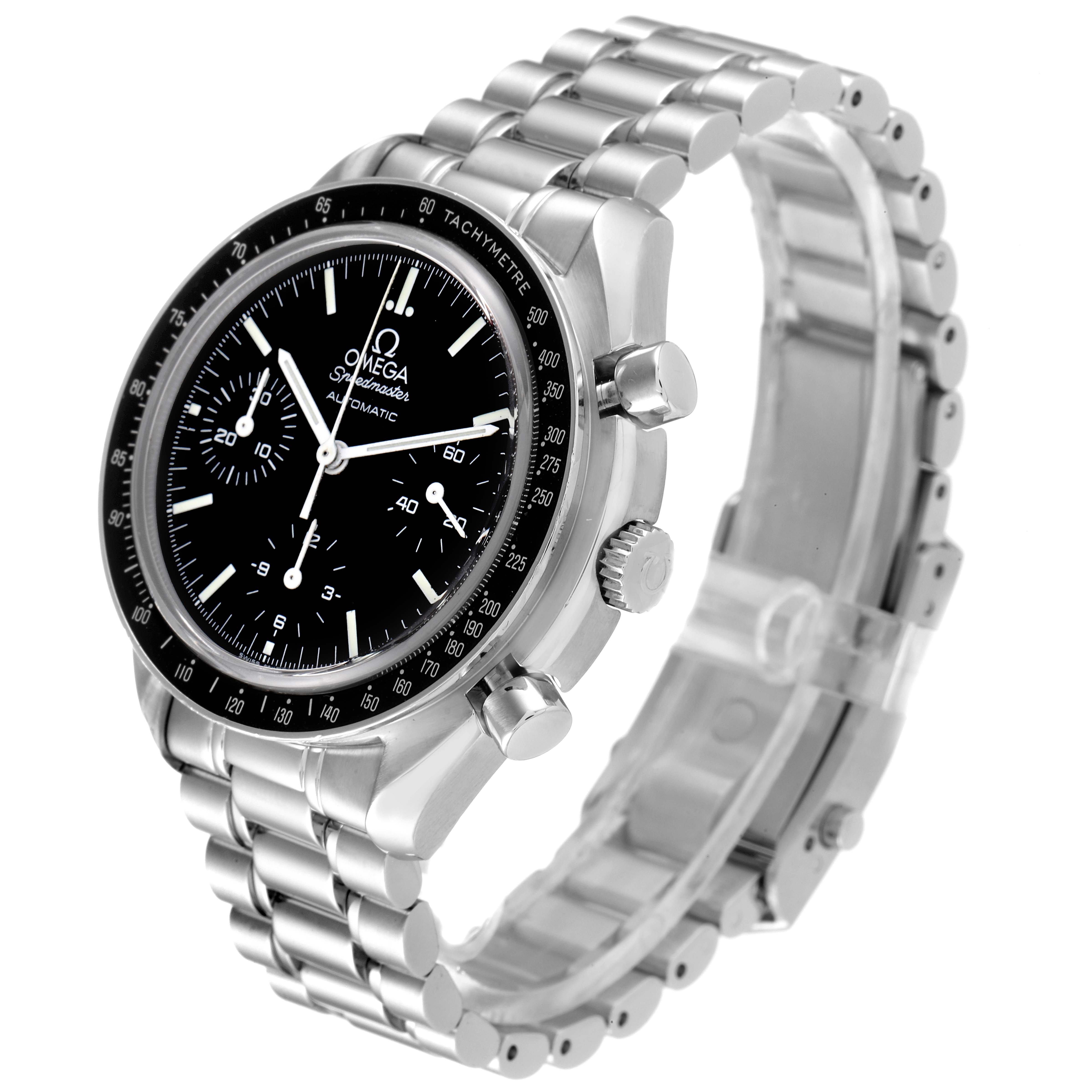 The Omega Speedmaster 3539.50.00 Men
s Stainless Steel Black Dial 3539.50.00 Men
s Stainless Steel Black Dial watch is shown from a three-quarter angle, displaying the face, bezel, crown, pushers, and bracelet.