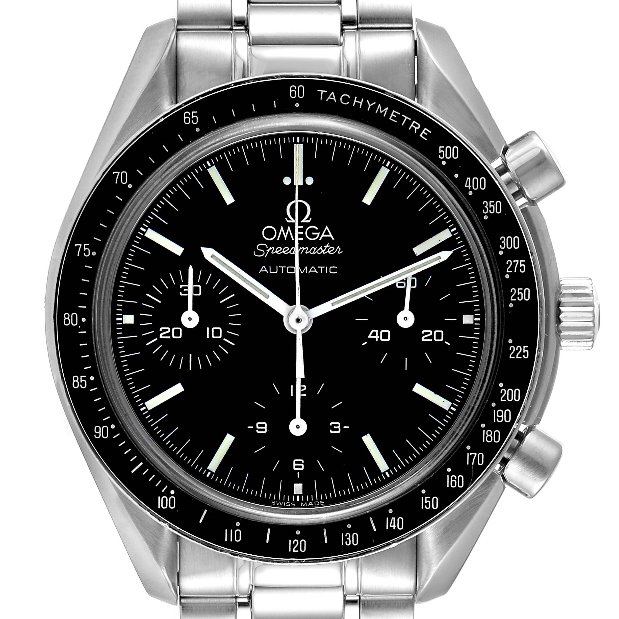 This Omega Speedmaster 3539.50.00 Men
s Stainless Steel Black Dial 3539.50.00 Men
s Stainless Steel Black Dial watch is shown from the front, displaying its dial, tachymeter bezel, chronograph sub-dials, and bracelet.