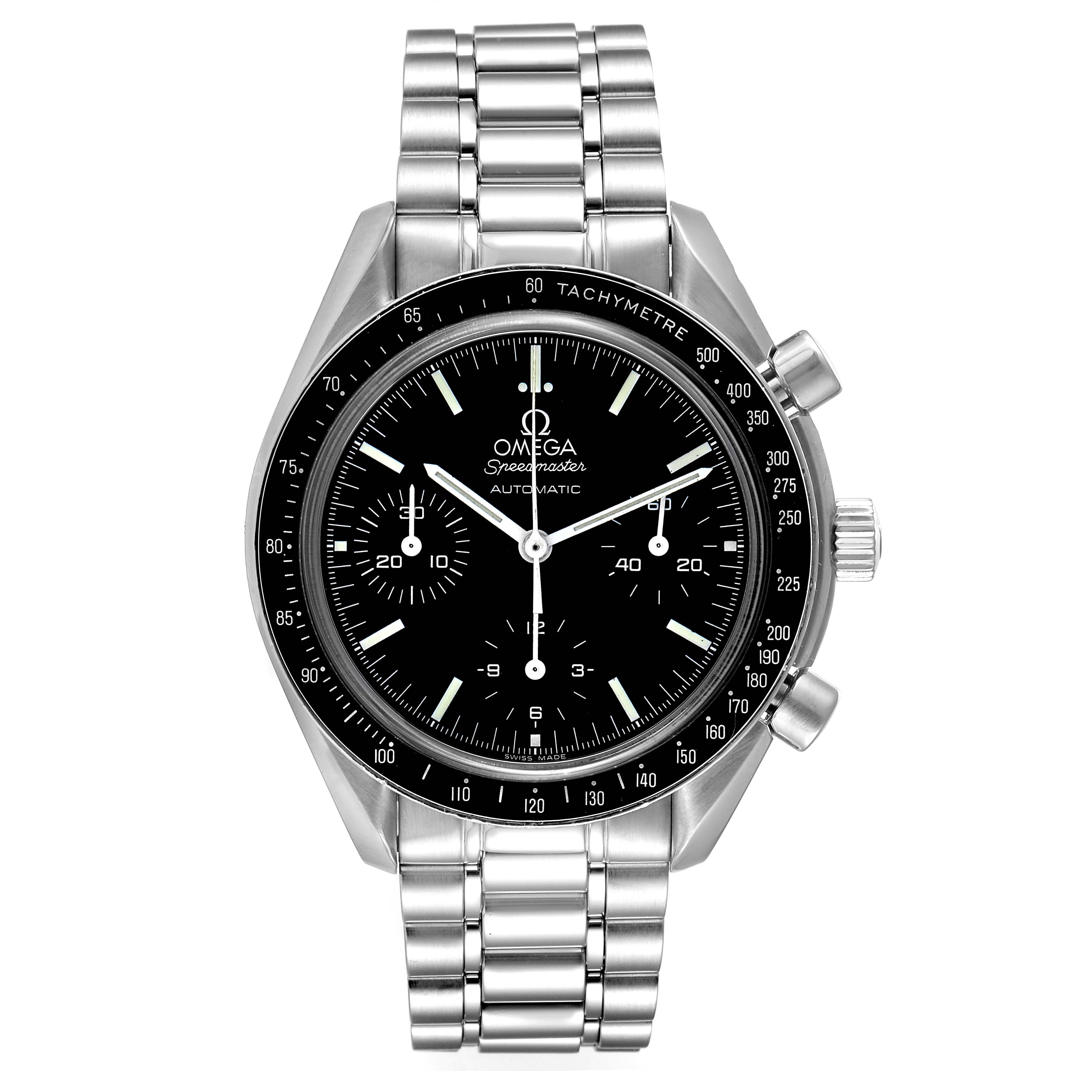 The image shows a frontal view of an Omega Speedmaster 3539.50.00 Men
s Stainless Steel Black Dial 3539.50.00 Men
s Stainless Steel Black Dial watch, displaying its dial, bezel, pushers, crown, and metal bracelet.