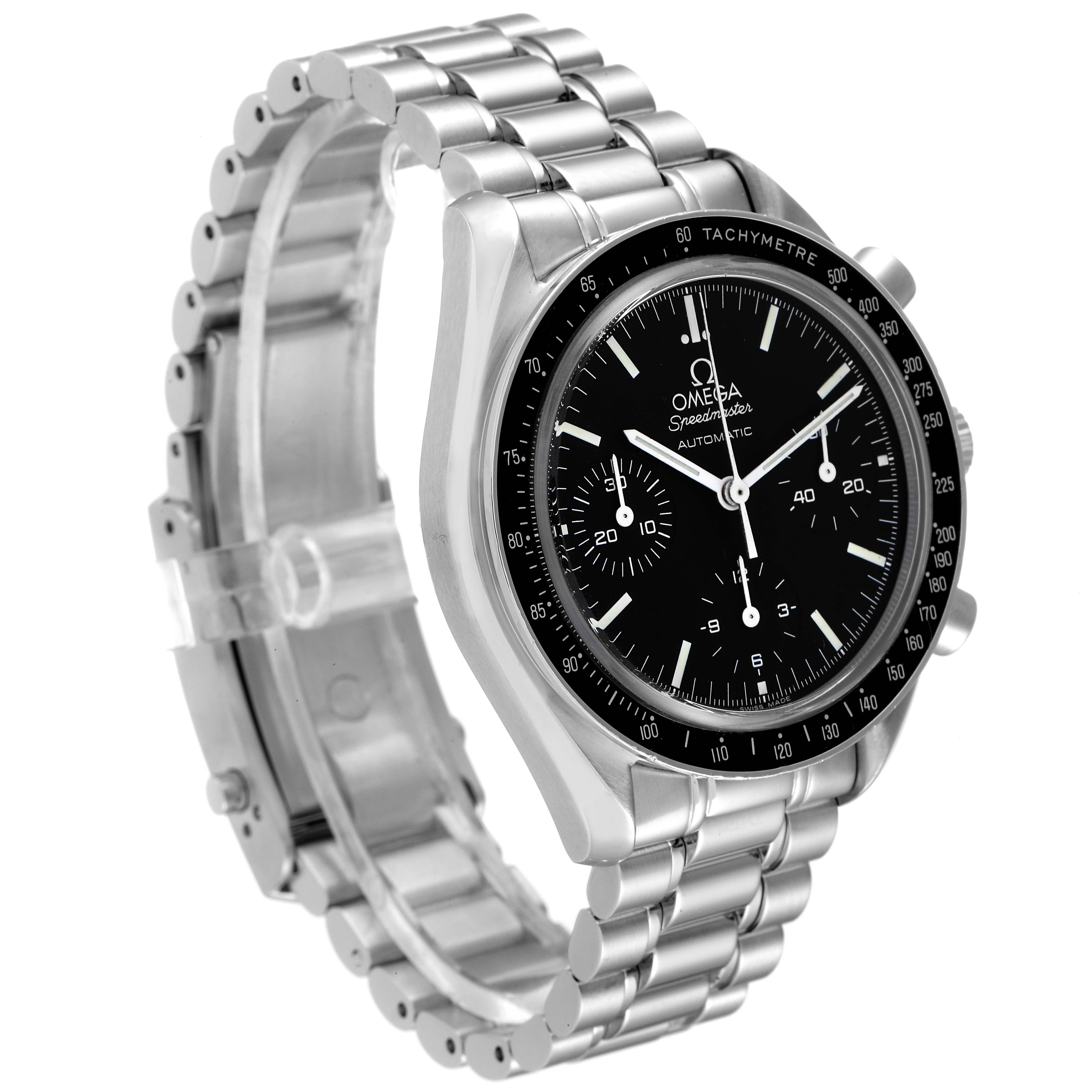 The Omega Speedmaster 3539.50.00 Men
s Stainless Steel Black Dial 3539.50.00 Men
s Stainless Steel Black Dial watch is shown at a three-quarter angle, highlighting the bracelet, bezel, and chronograph face.