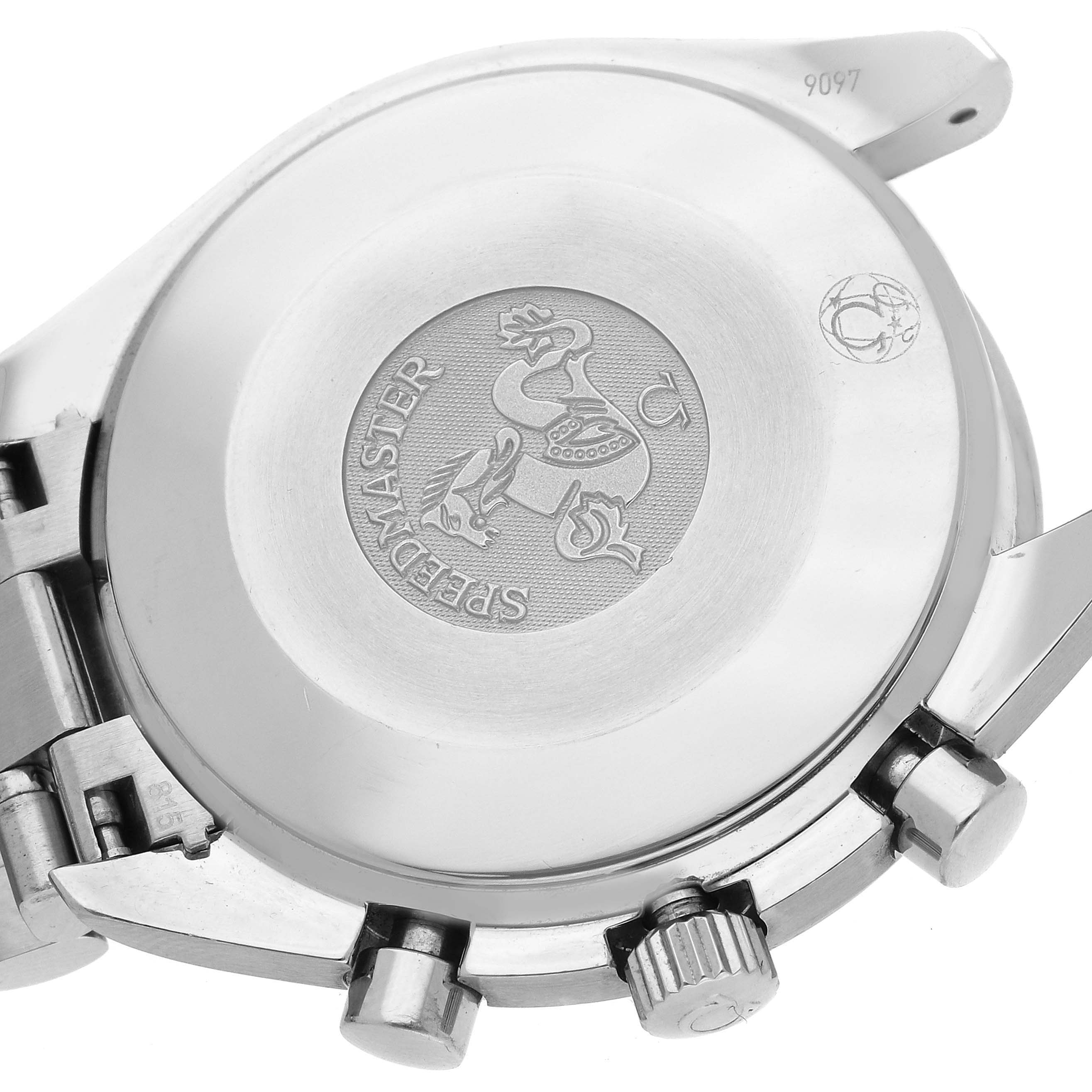 The image shows the back case of an Omega Speedmaster 3539.50.00 Men's Stainless Steel Black Dial 3539.50.00 Men's Stainless Steel Black Dial watch, displaying the engraved logo and crown's side view.