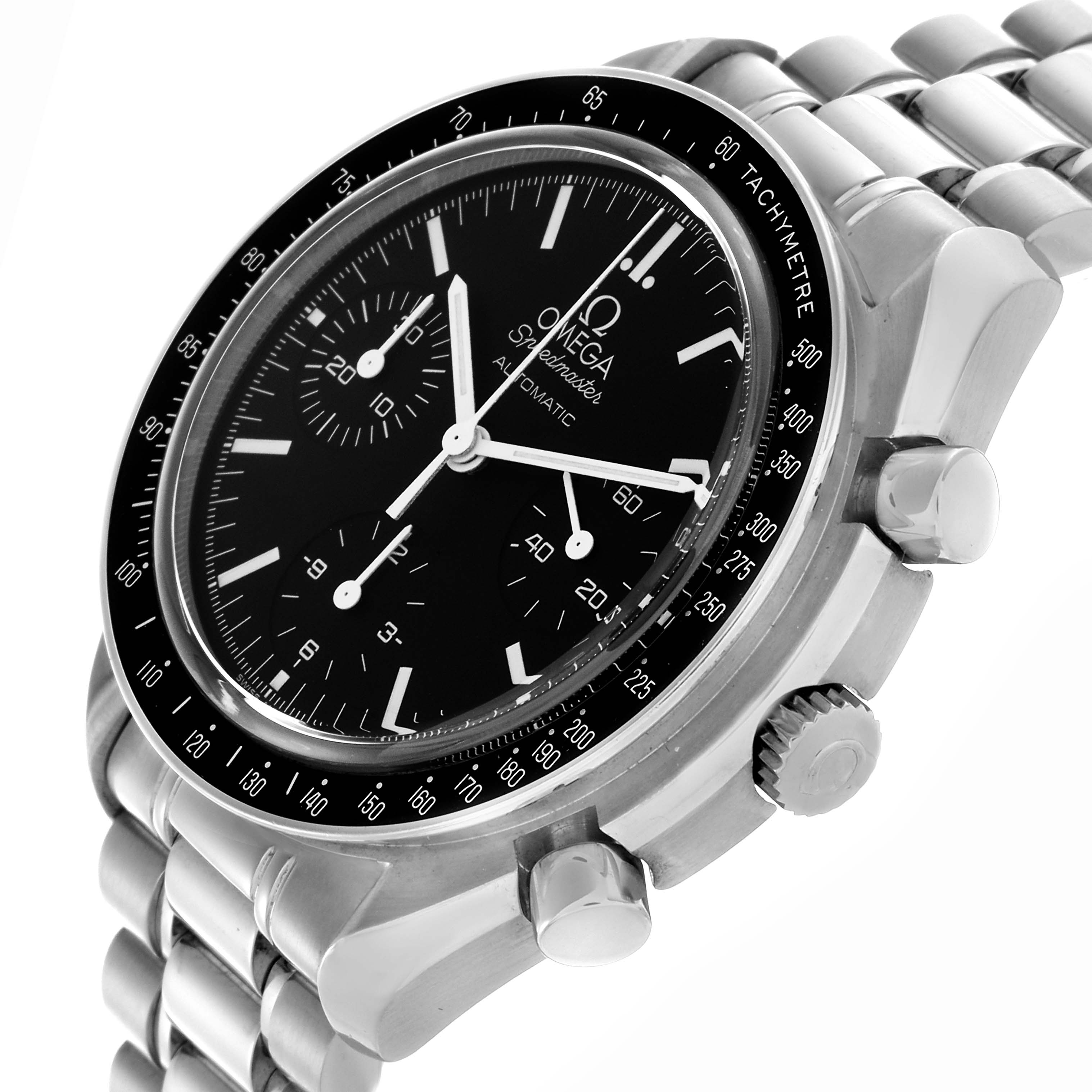 The Omega Speedmaster 3539.50.00 Men's Stainless Steel Black Dial 3539.50.00 Men's Stainless Steel Black Dial watch is shown at an angled view highlighting the bezel, pushers, crown, and partial bracelet.