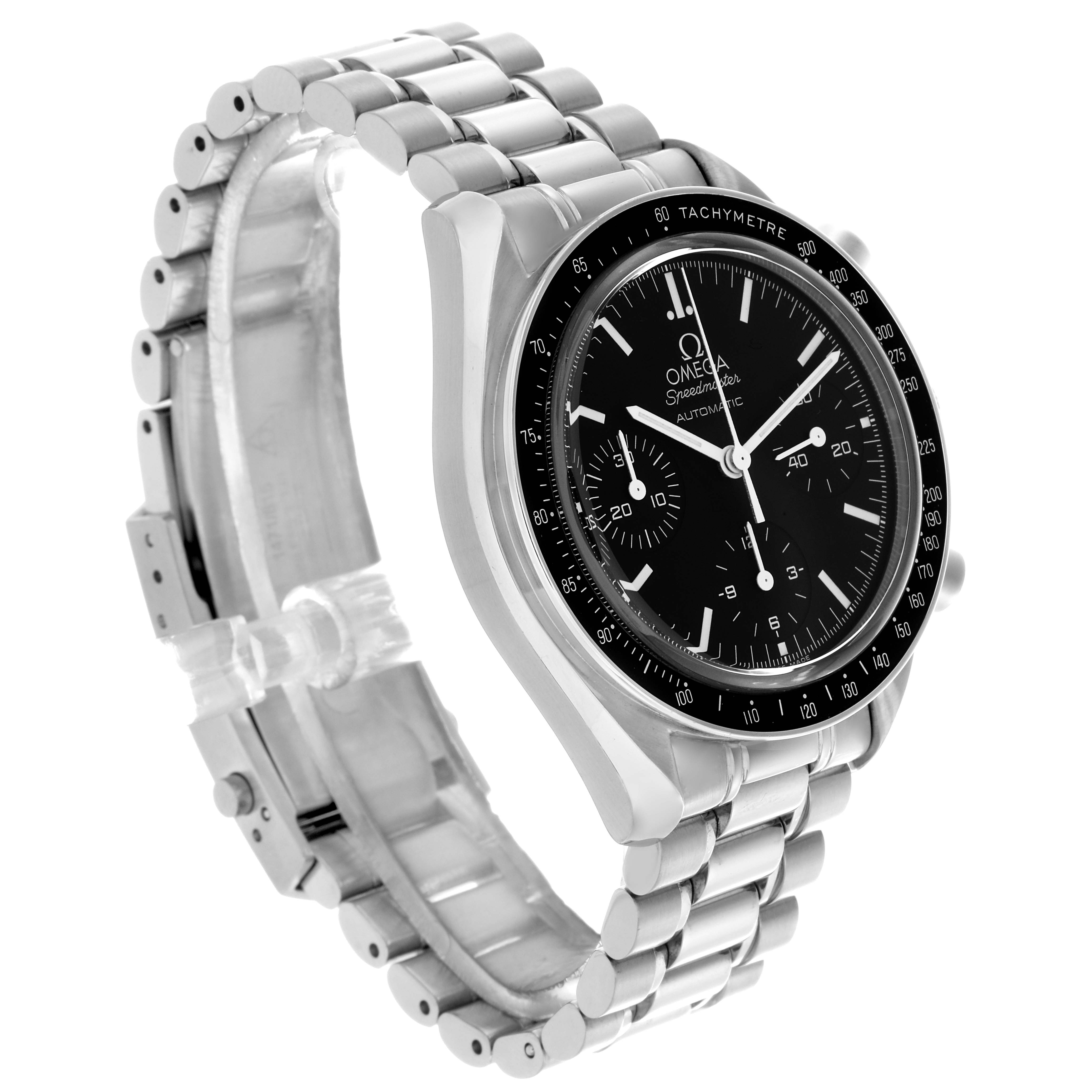The Omega Speedmaster 3539.50.00 Men's Stainless Steel Black Dial 3539.50.00 Men's Stainless Steel Black Dial watch is shown at a three-quarter angle, displaying the face, bezel, and metal bracelet.