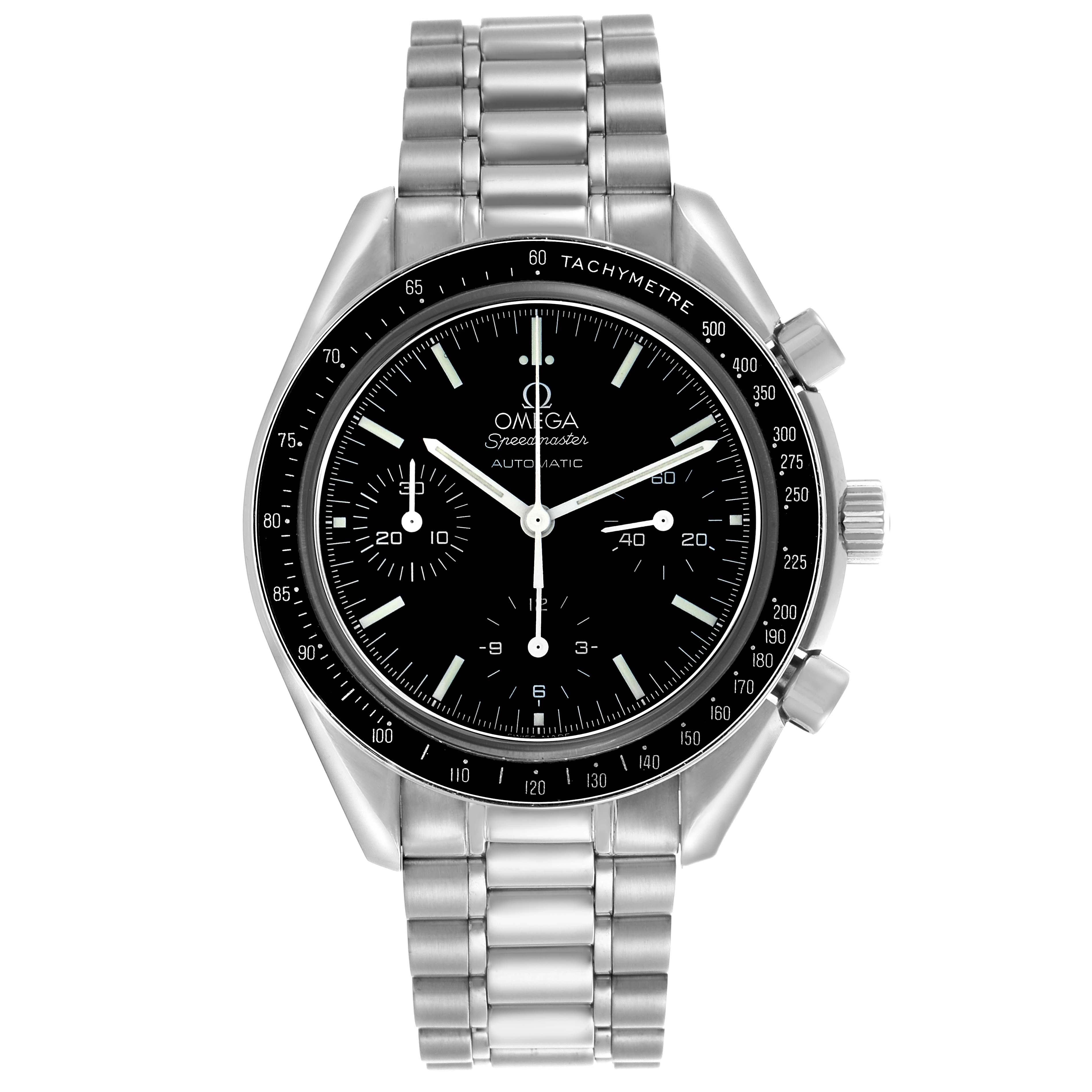 The Omega Speedmaster 3539.50.00 Men's Stainless Steel Black Dial 3539.50.00 Men's Stainless Steel Black Dial watch is shown from the front, displaying its dial, tachymeter bezel, and metal bracelet.