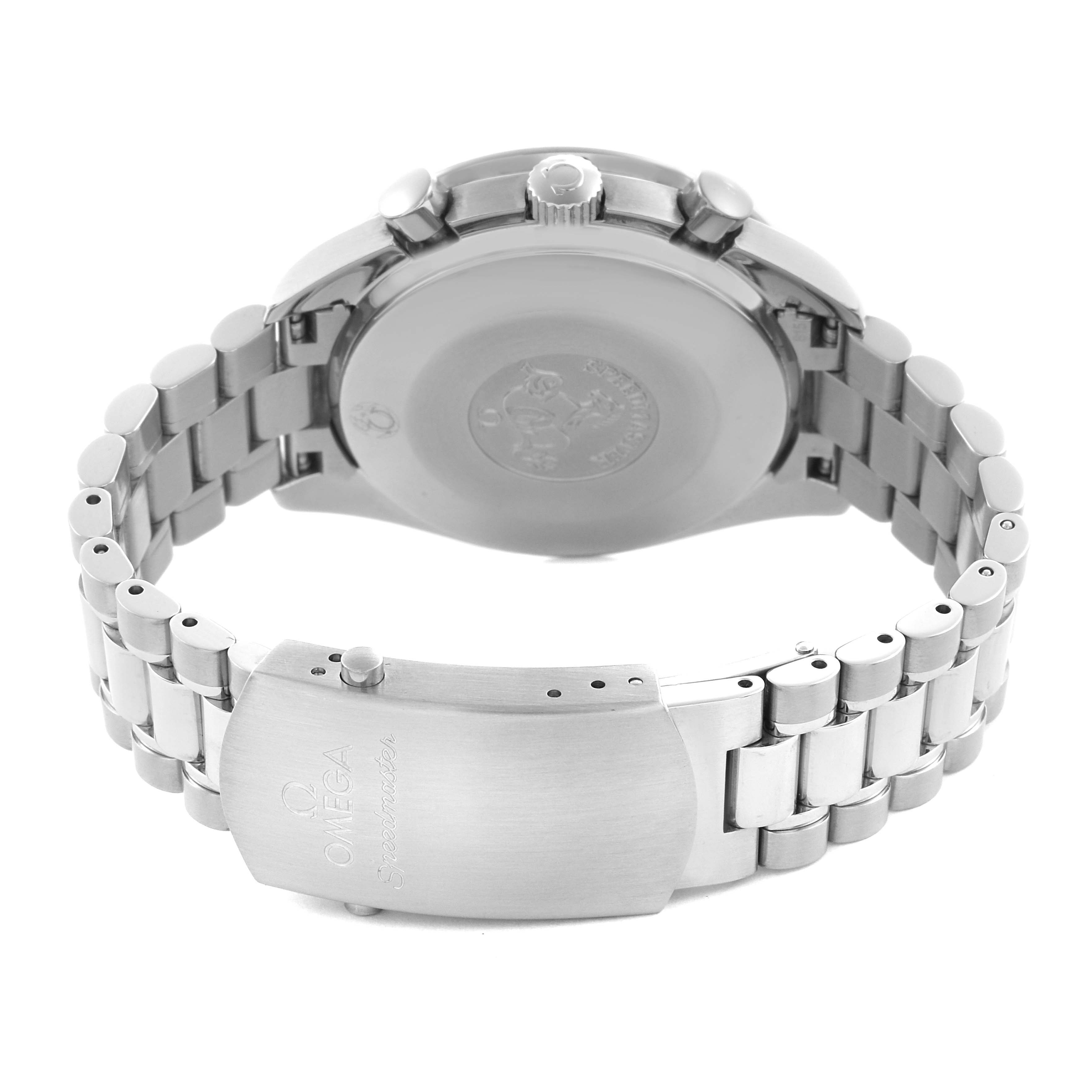 The Omega Speedmaster 3539.50.00 Men's Stainless Steel Black Dial 3539.50.00 Men's Stainless Steel Black Dial is shown from the back, highlighting the clasp, bracelet, case back, and side pushers.