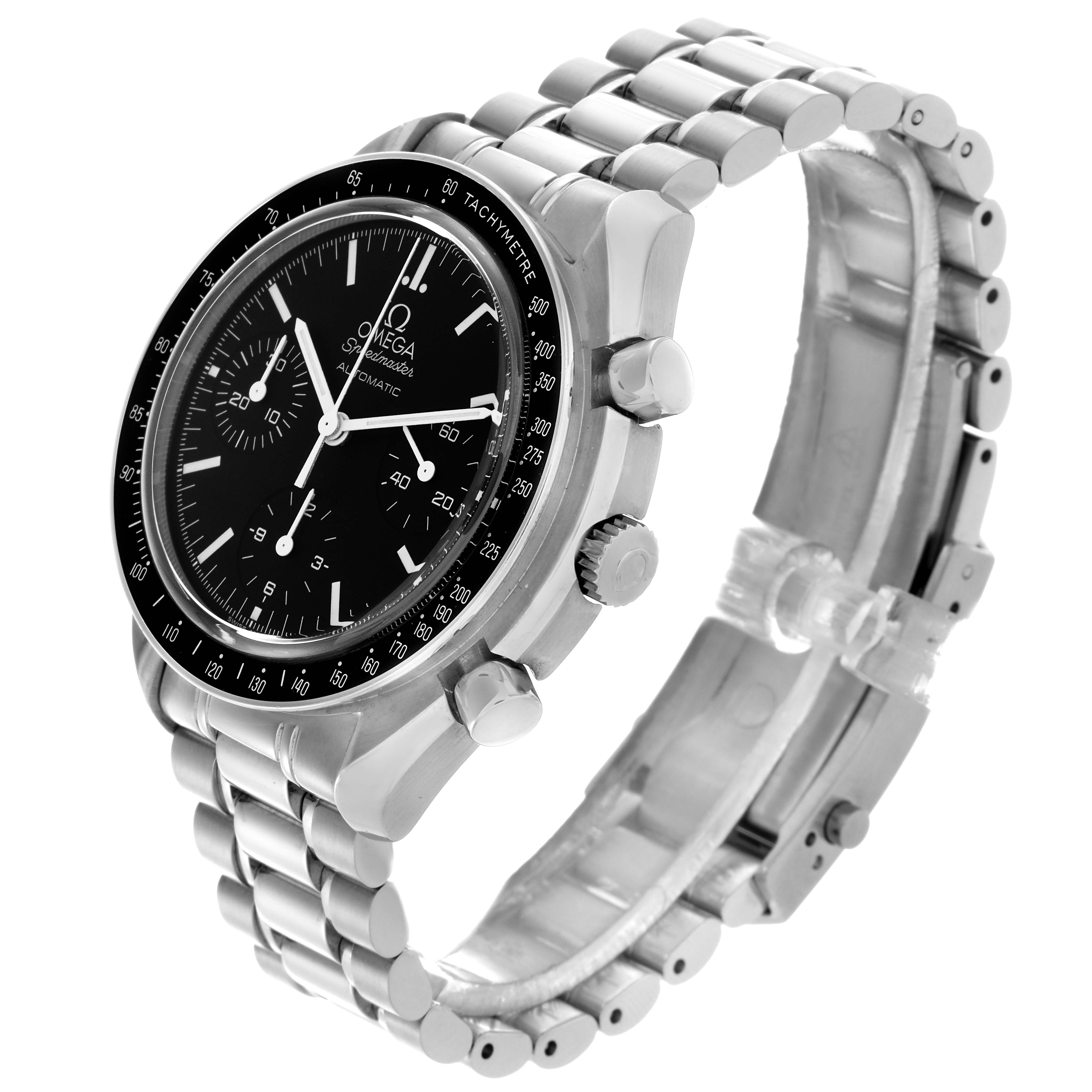 The Omega Speedmaster 3539.50.00 Men's Stainless Steel Black Dial 3539.50.00 Men's Stainless Steel Black Dial watch is shown at an angled view, highlighting the stainless steel bracelet, tachymeter bezel, and dial.