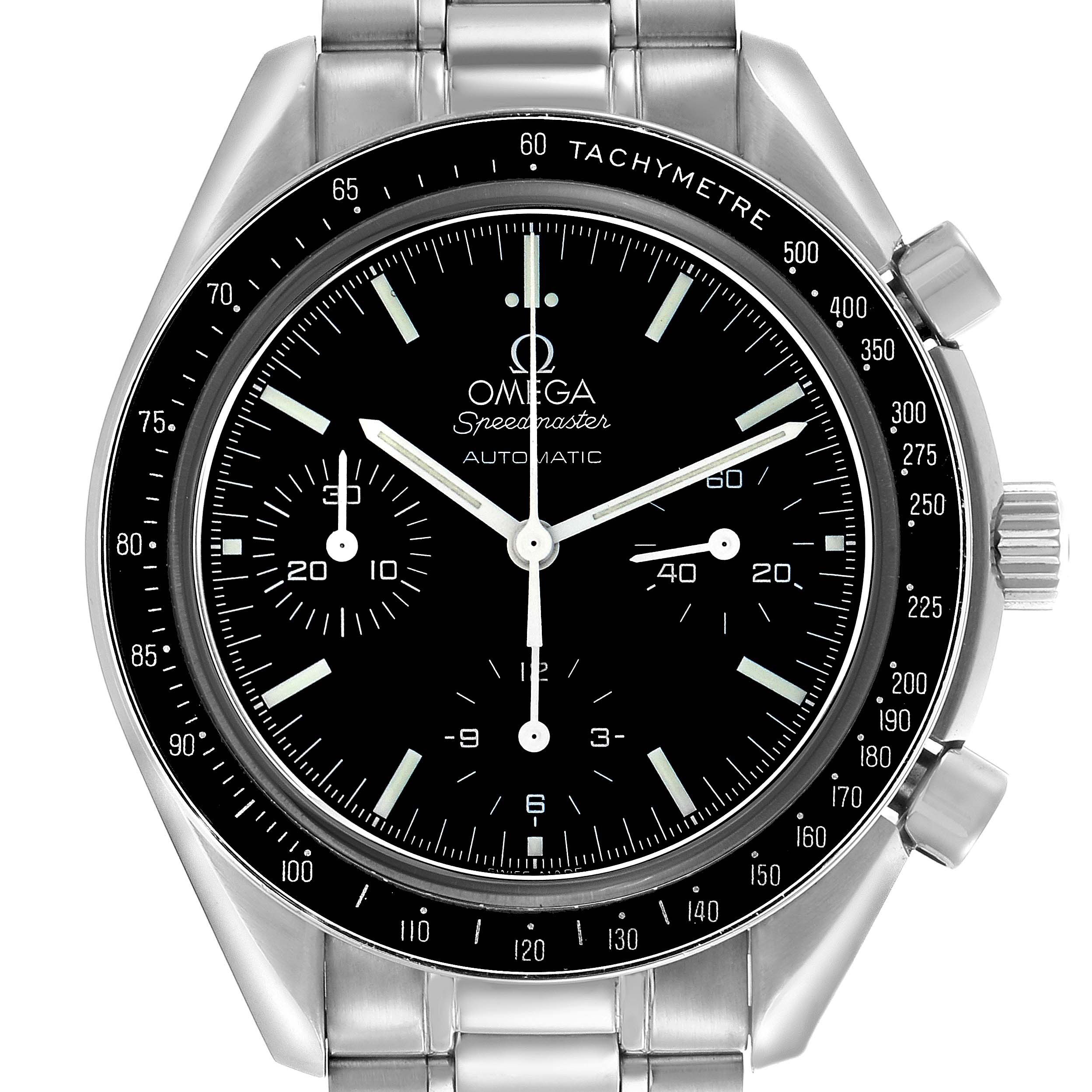 The Omega Speedmaster 3539.50.00 Men's Stainless Steel Black Dial 3539.50.00 Men's Stainless Steel Black Dial watch is shown from the front, displaying the dial, bezel, and chronograph subdials.