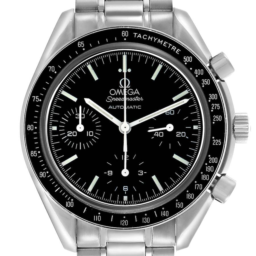 The Omega Speedmaster watch is shown from the front, displaying the dial, bezel, and chronograph subdials.