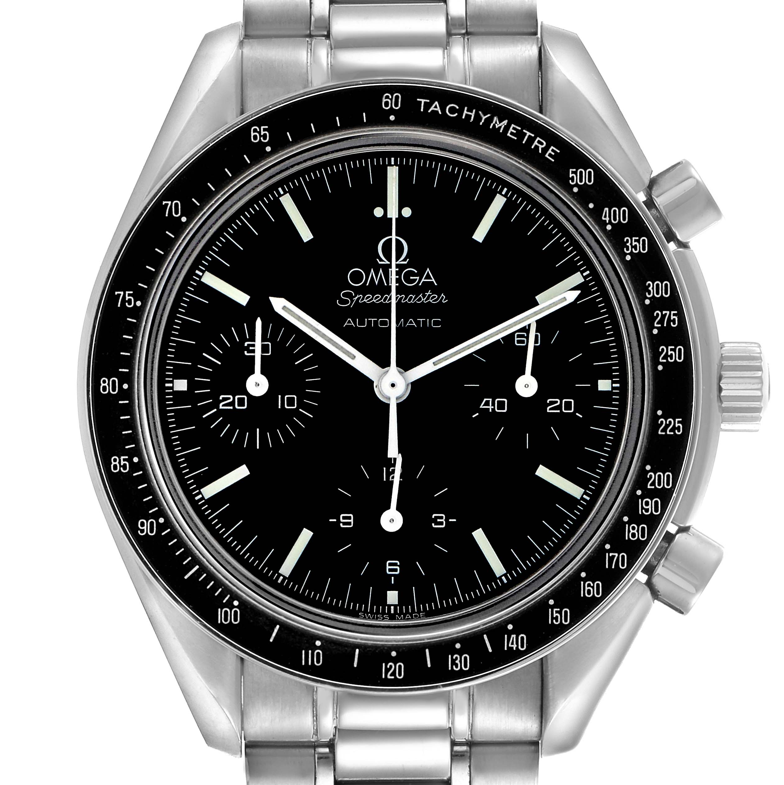 The Omega Speedmaster 3539.50.00 Men
s Stainless Steel Black Dial 3539.50.00 Men
s Stainless Steel Black Dial is shown from a front angle, featuring the watch face, bezel, and part of the bracelet.