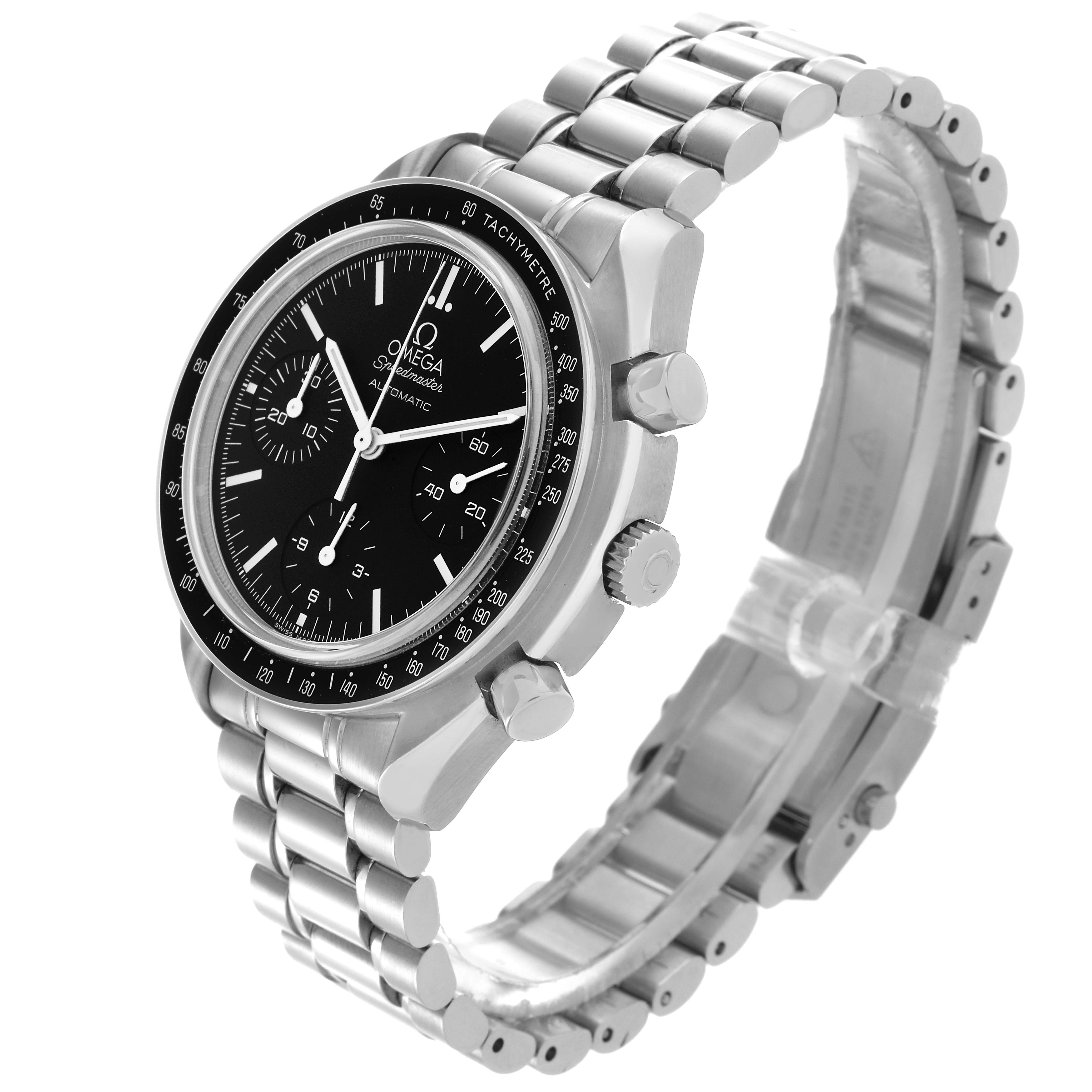 The Omega Speedmaster 3539.50.00 Men
s Stainless Steel Black Dial 3539.50.00 Men
s Stainless Steel Black Dial watch is shown at a three-quarter angle, displaying the face, bezel, crown, and bracelet.