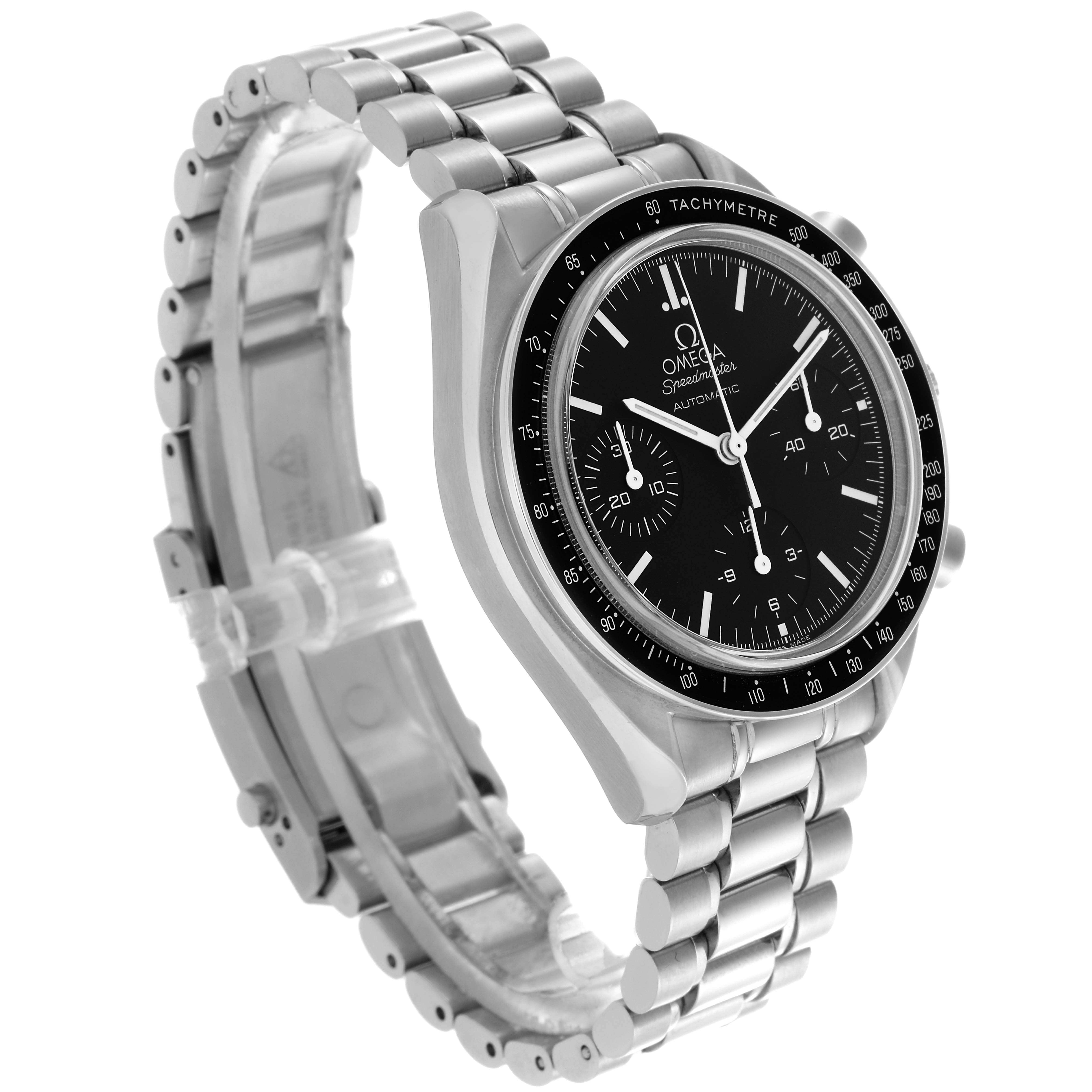 The Omega Speedmaster 3539.50.00 Men
s Stainless Steel Black Dial 3539.50.00 Men
s Stainless Steel Black Dial watch is shown at an angled side view, highlighting the bracelet, case, and tachymeter bezel.