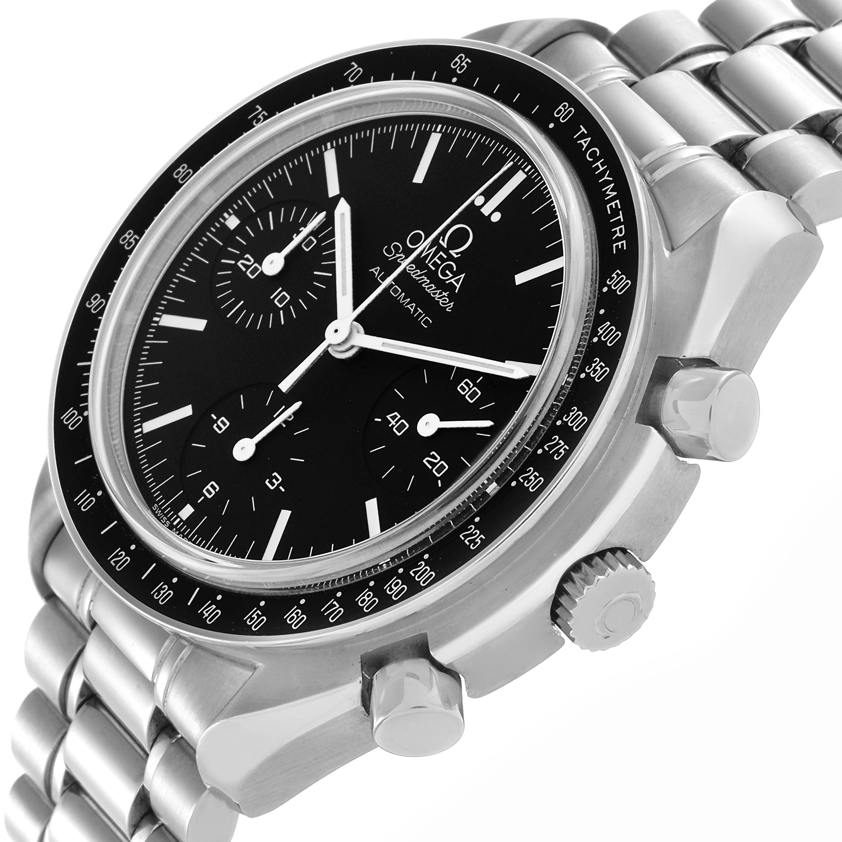The Omega Speedmaster 3539.50.00 Men
s Stainless Steel Black Dial 3539.50.00 Men
s Stainless Steel Black Dial is shown at a slight angle, highlighting the bezel, dial, pushers, and part of the bracelet.