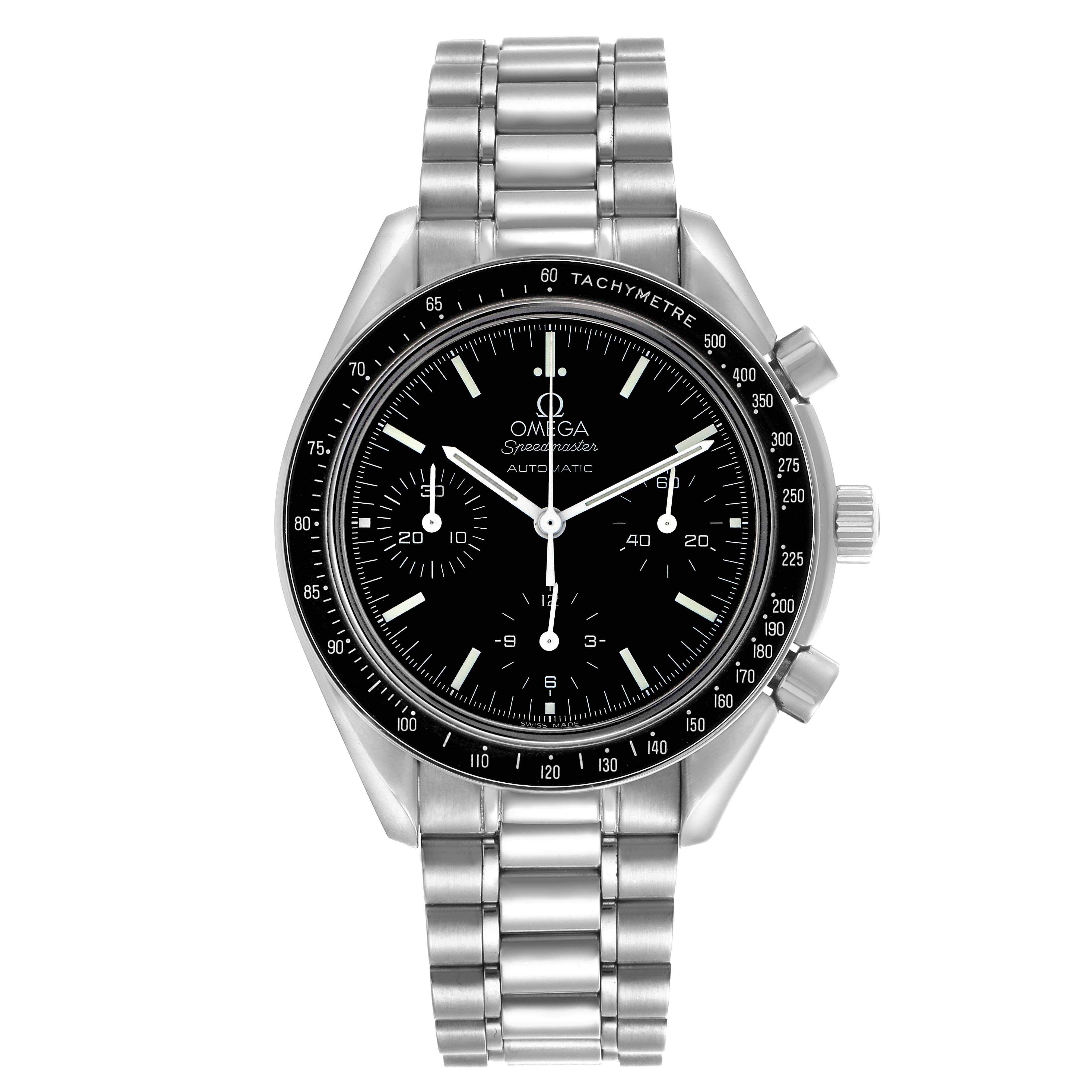 The Omega Speedmaster 3539.50.00 Men
s Stainless Steel Black Dial 3539.50.00 Men
s Stainless Steel Black Dial watch is shown from a front angle, highlighting its dial, bezel, pushers, and stainless steel bracelet.