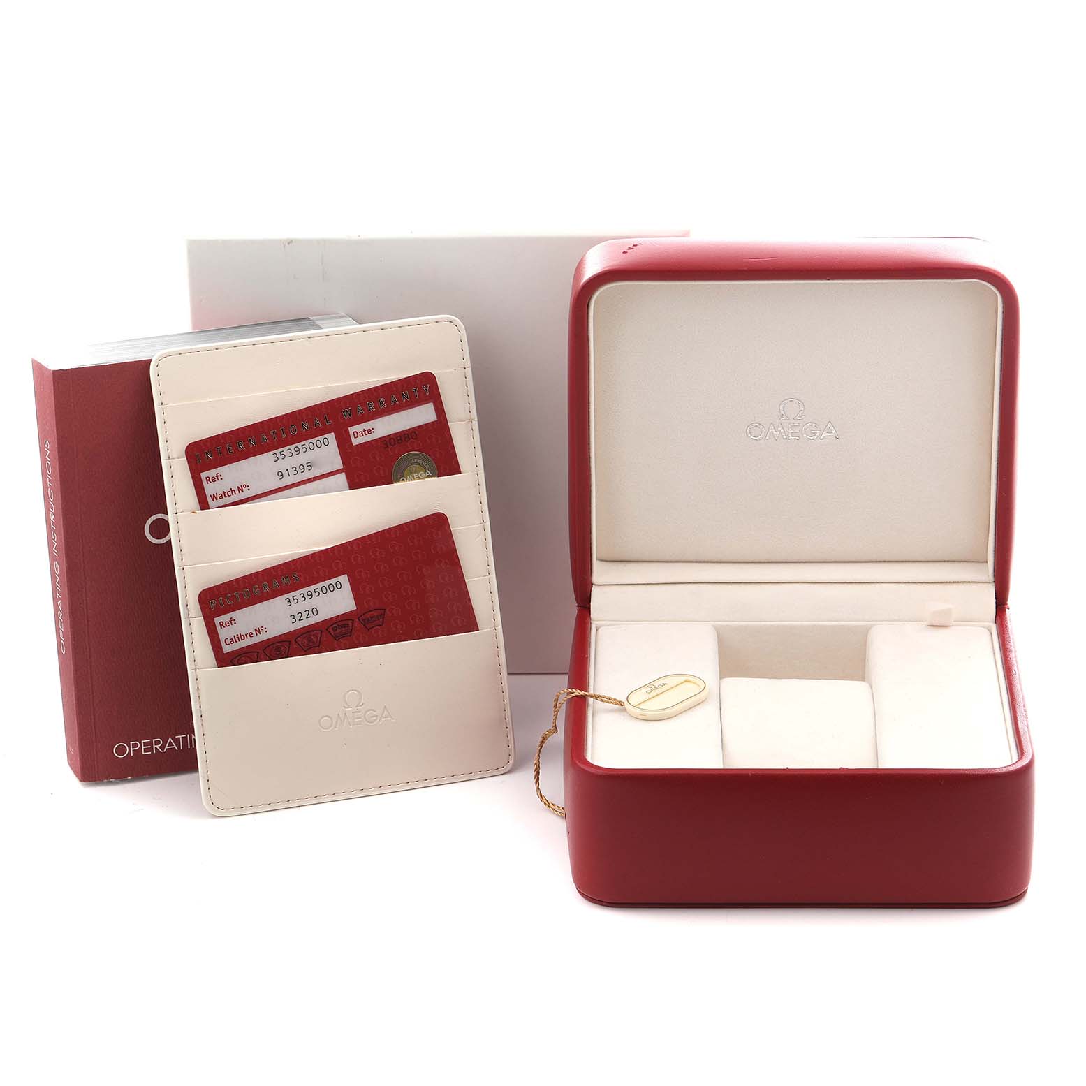 The image shows the Omega Speedmaster 3539.50.00 Men
s Stainless Steel Black Dial 3539.50.00 Men
s Stainless Steel Black Dial
s red display box, documentation, and cards from a front angle.