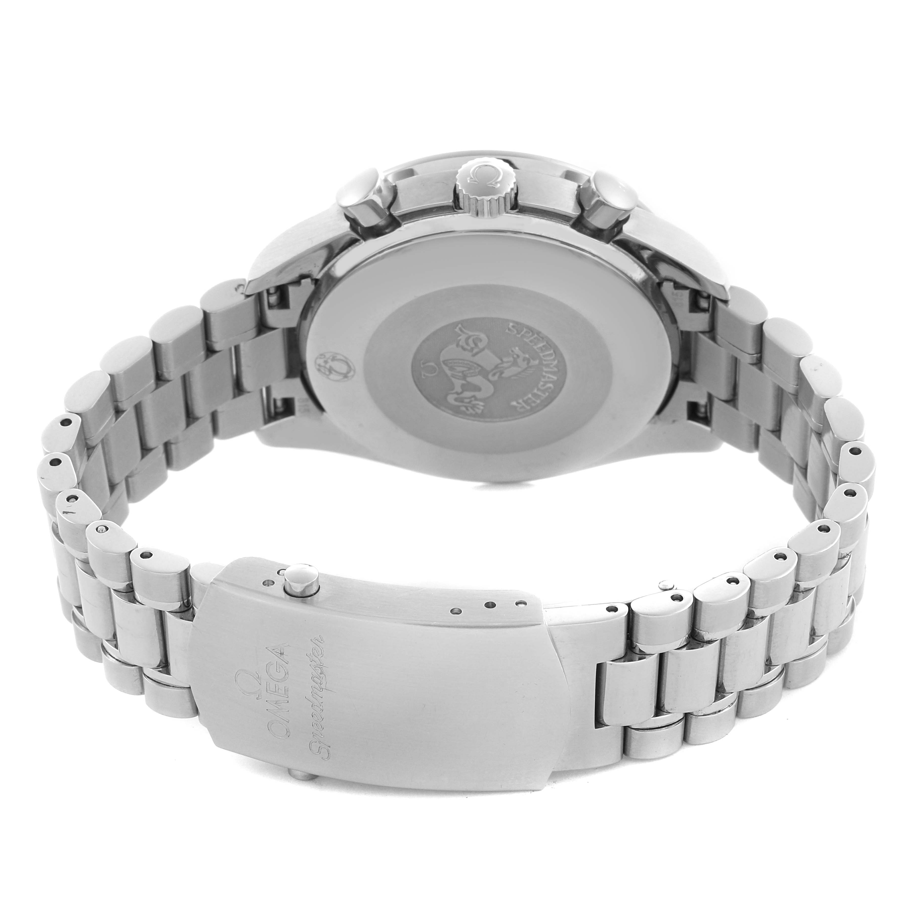 The image shows the back and clasp of an Omega Speedmaster 3539.50.00 Men
s Stainless Steel Black Dial 3539.50.00 Men
s Stainless Steel Black Dial watch, highlighting the bracelet and case back details.