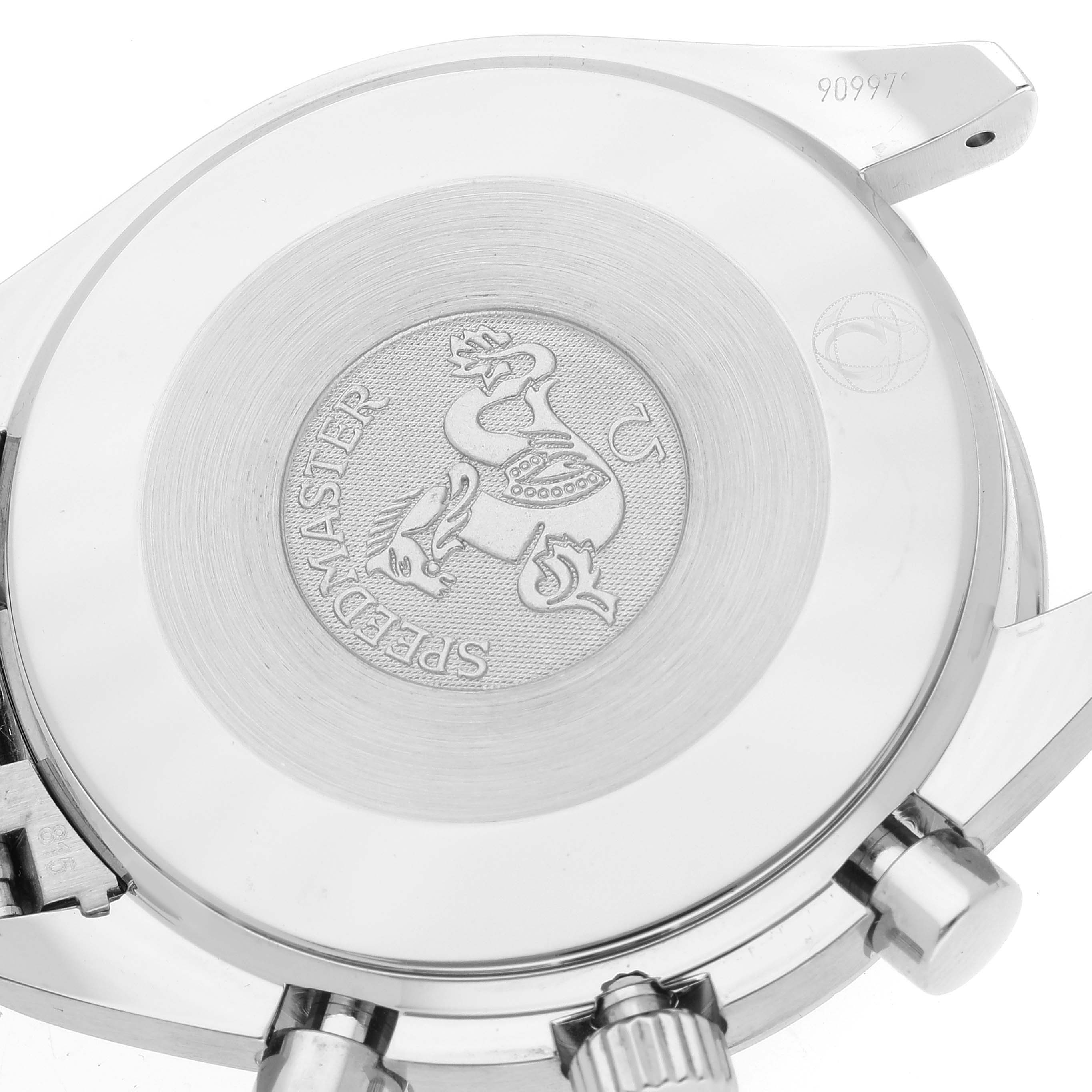 The image shows the back case of the Omega Speedmaster 3539.50.00 Men's Stainless Steel Black Dial 3539.50.00 Men's Stainless Steel Black Dial watch, featuring the engraved logo and metal buttons.