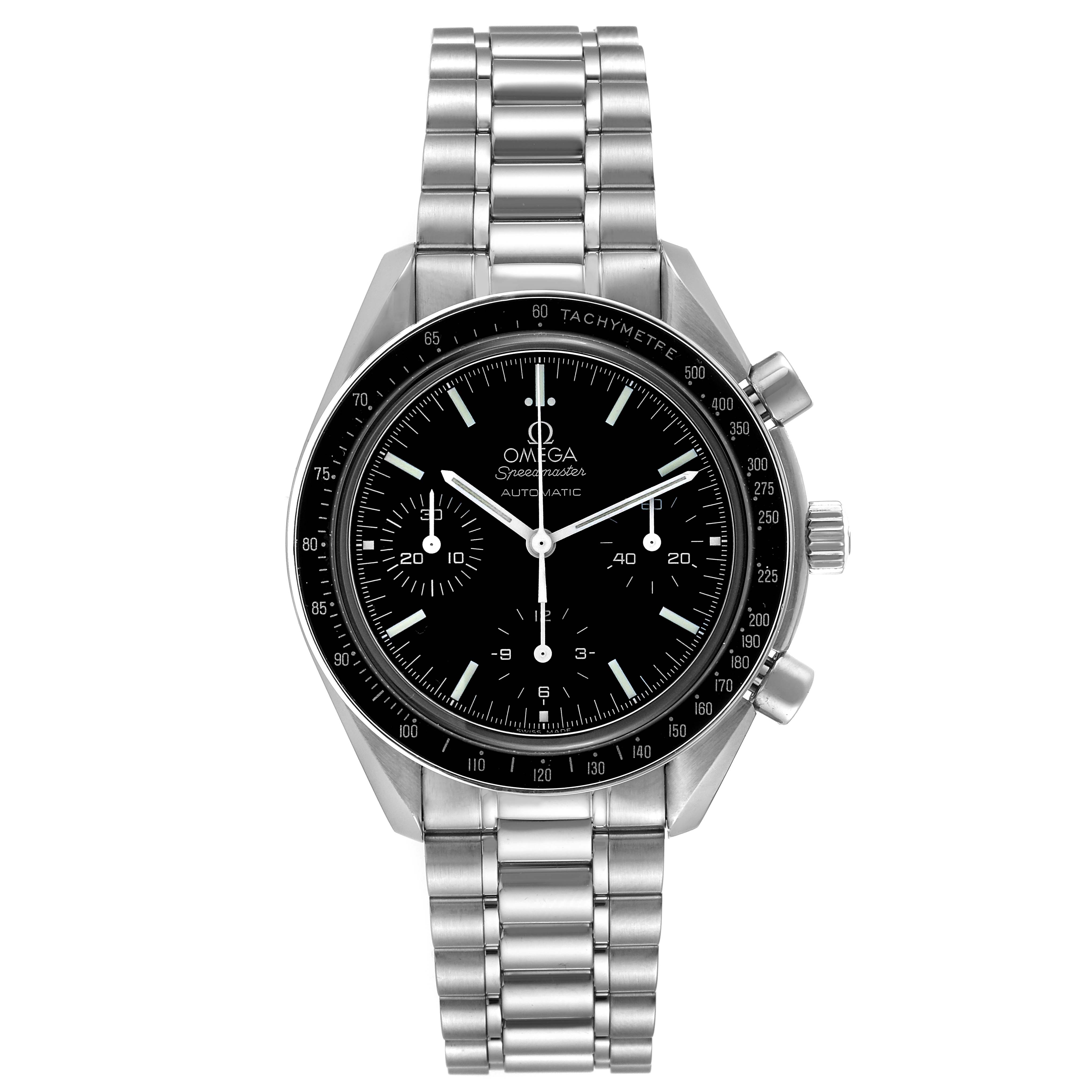 The image shows a front view of the Omega Speedmaster 3539.50.00 Men's Stainless Steel Black Dial 3539.50.00 Men's Stainless Steel Black Dial watch, displaying its face, bezel, and metal bracelet.