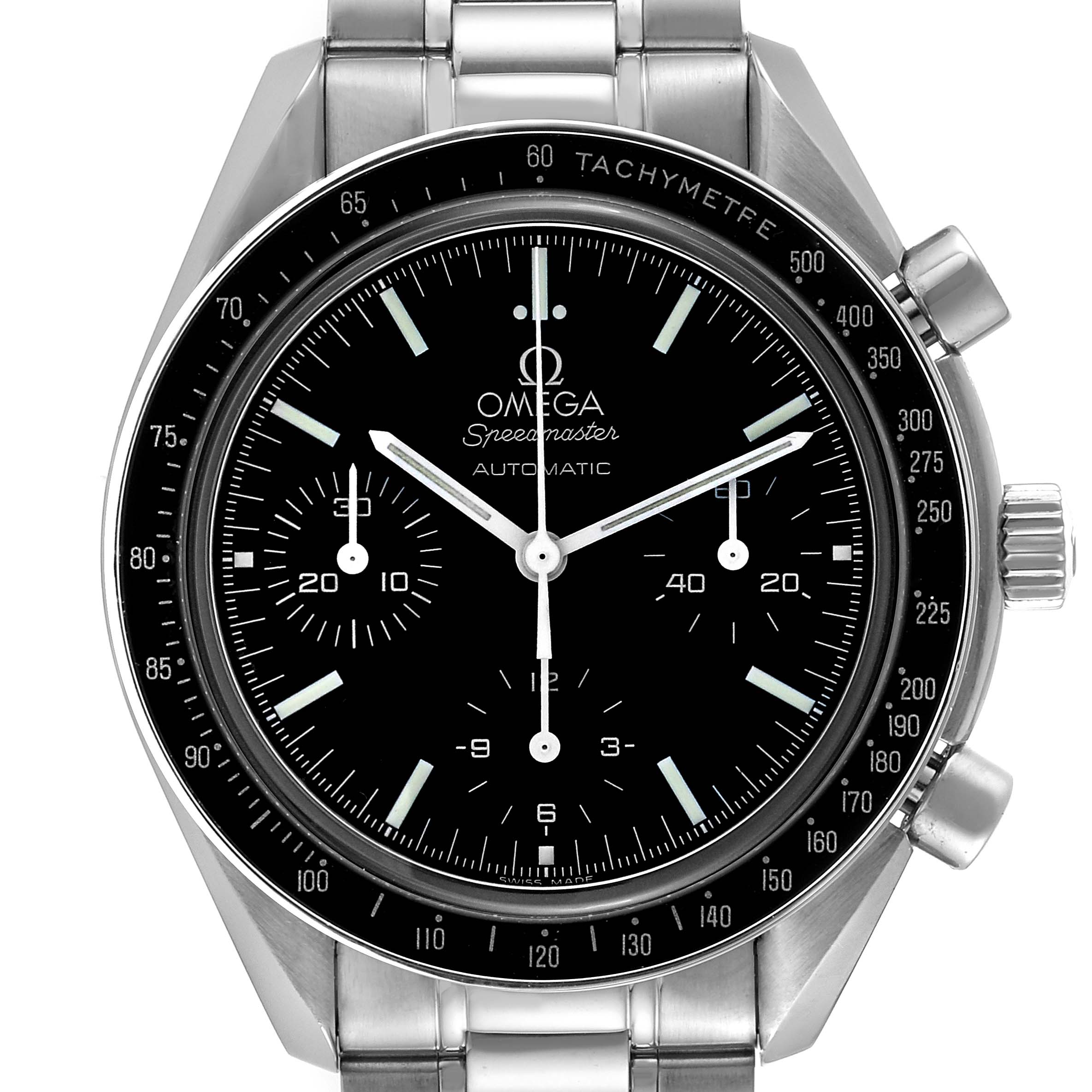 The image shows a front view of the Omega Speedmaster 3539.50.00 Men's Stainless Steel Black Dial 3539.50.00 Men's Stainless Steel Black Dial watch, highlighting the black dial, tachymeter bezel, and stainless steel bracelet.