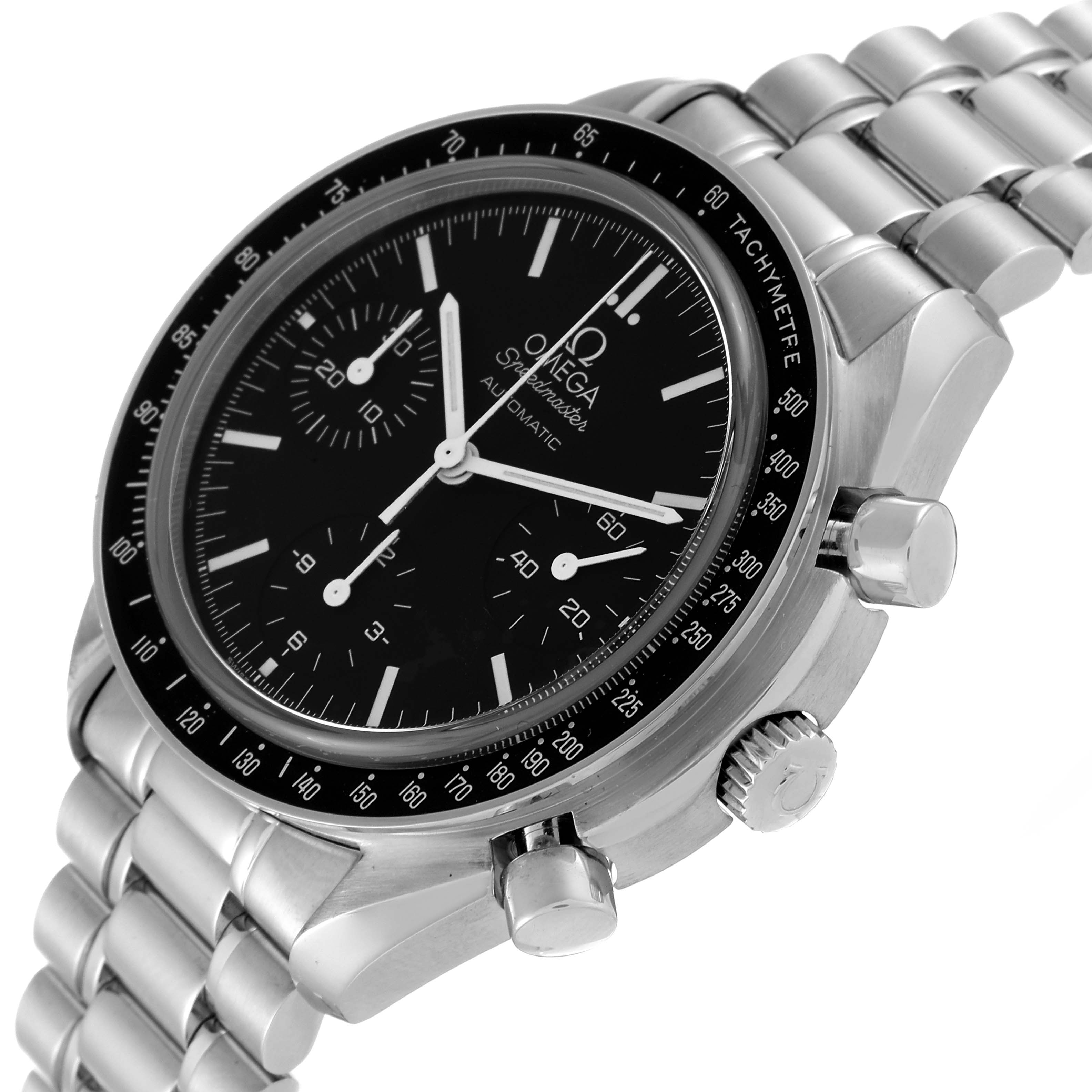 The Omega Speedmaster 3539.50.00 Men's Stainless Steel Black Dial 3539.50.00 Men's Stainless Steel Black Dial watch is shown at a slight angle, highlighting its face, tachymeter bezel, subdials, crown, and pushers.