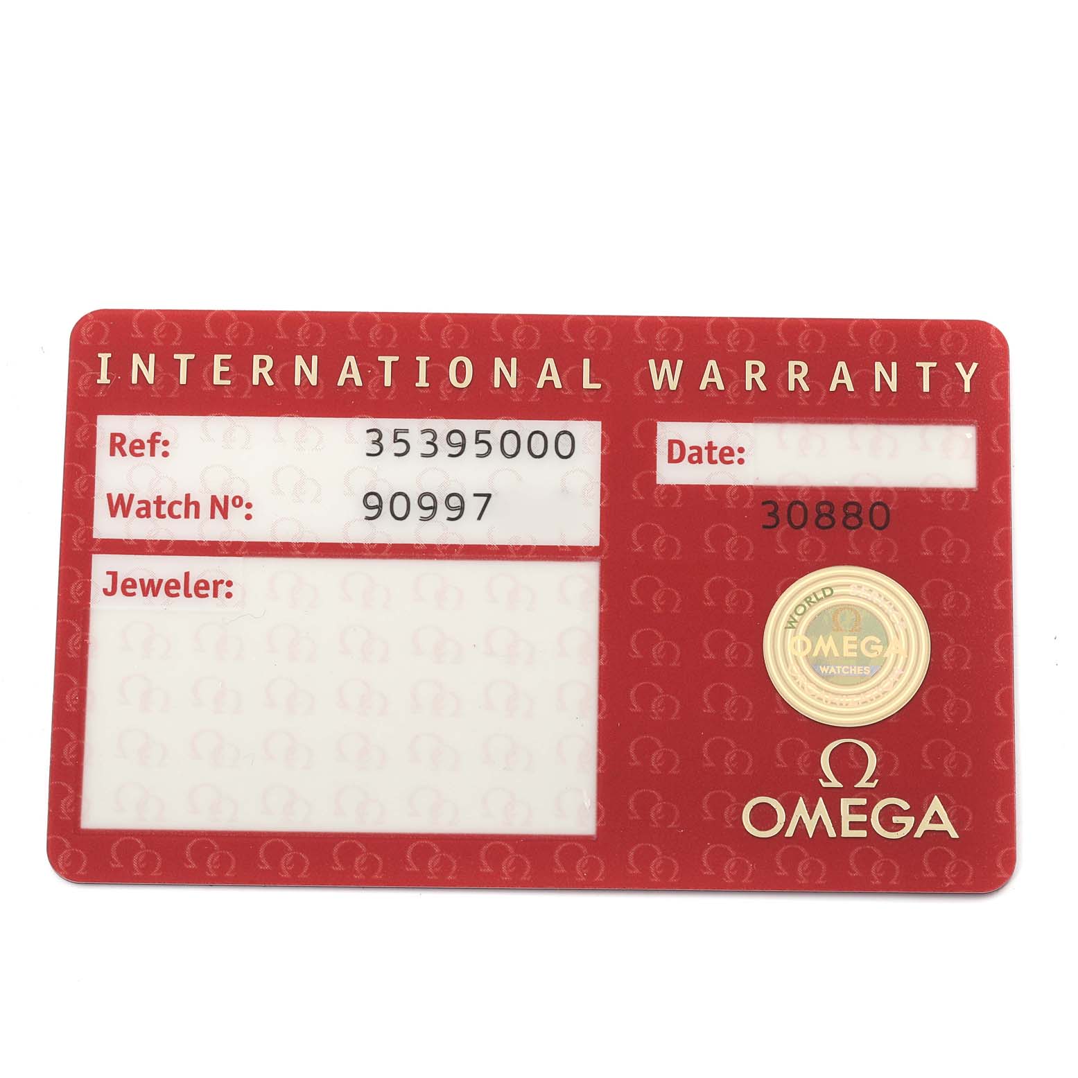 The image shows the international warranty card for the Omega Speedmaster 3539.50.00 Men's Stainless Steel Black Dial 3539.50.00 Men's Stainless Steel Black Dial watch, displaying reference and watch numbers.